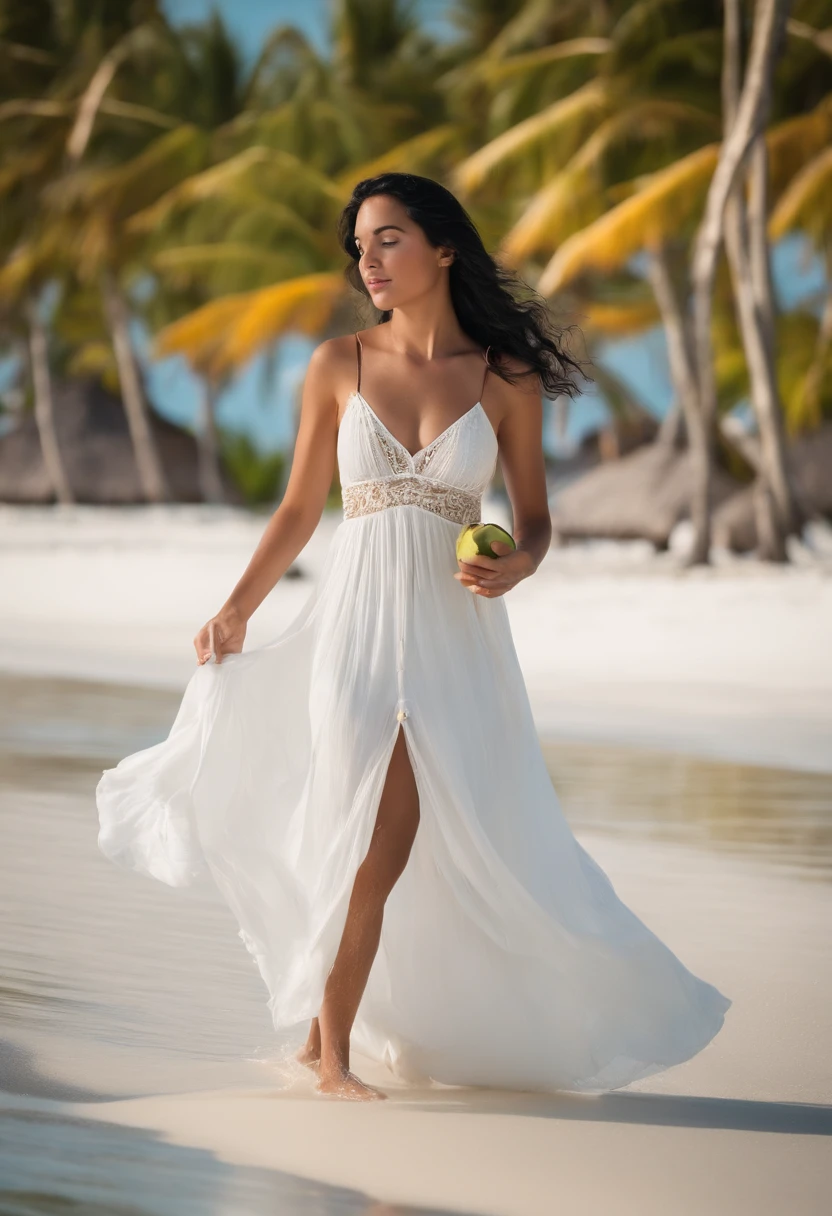 A beautiful and beautiful young princess with black hair with blue eyes, she is wearing her beautiful long white dress, in the Maldivian beach. Drinking coconut water she is all wet, making her dress transparent and see through