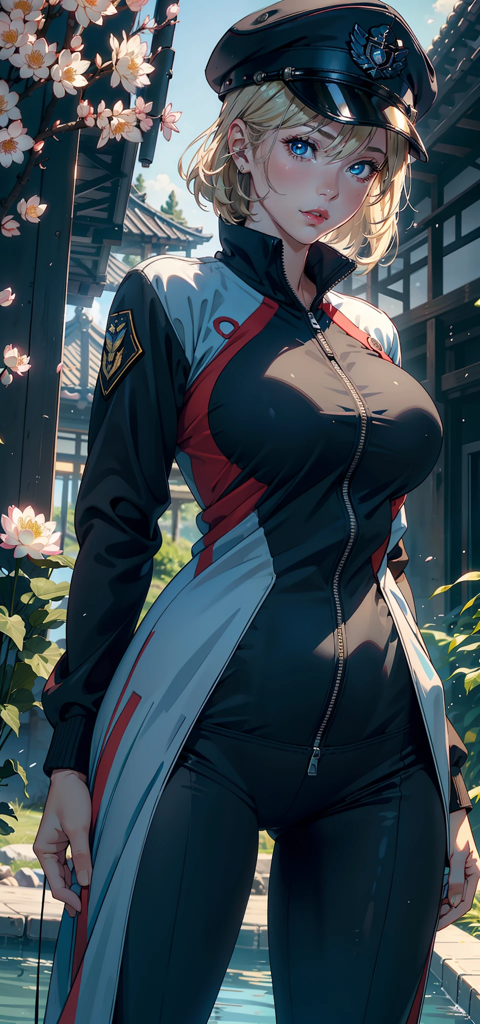 (Background with:ponds,Cherry blossom forest,lotus flower)Lie underwater, She has short blonde hair,bobo head,seen from the front,mostly cloudy sky,(((tmasterpiece),(Very detailed CG unity 8K wallpaper),best qualtiy,cinmatic lighting,detailed back ground,beatiful detailed eyes,Bright pupils,Blue eyes,Snow-whiteskin,Redlip(Very fine and beautiful),(Beautiful and detailed eye description),ultra - detailed,tmasterpiece,))facing at camera,A high resolution,ultra - detailed),revealing breasts,Bare genitalia, Bulge,legs are open,Raised sexy,Camel toes,Desire for dissatisfaction,frontage,us airforce(Wearing : ,Black jumpsuits ,Sky blue cheongsam)Officer's cap