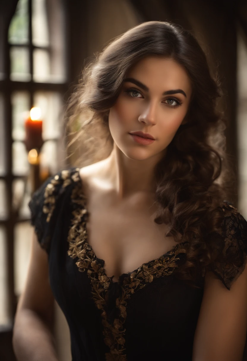 teint clair, woman about 19 years old, cheveux bruns long naturels, Yeux bruns distinctifs, Wearing kohl, mince et gracieux, beau, Candlelight in a medieval setting, Mise au point ultra nette, Realistic shooting, Clothing Short Black Sleeveless Dress,