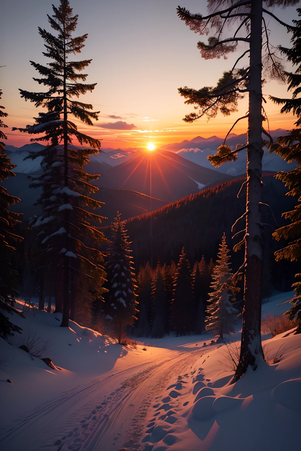 Photography of a forest, with a beautiful sunset between the mountains
