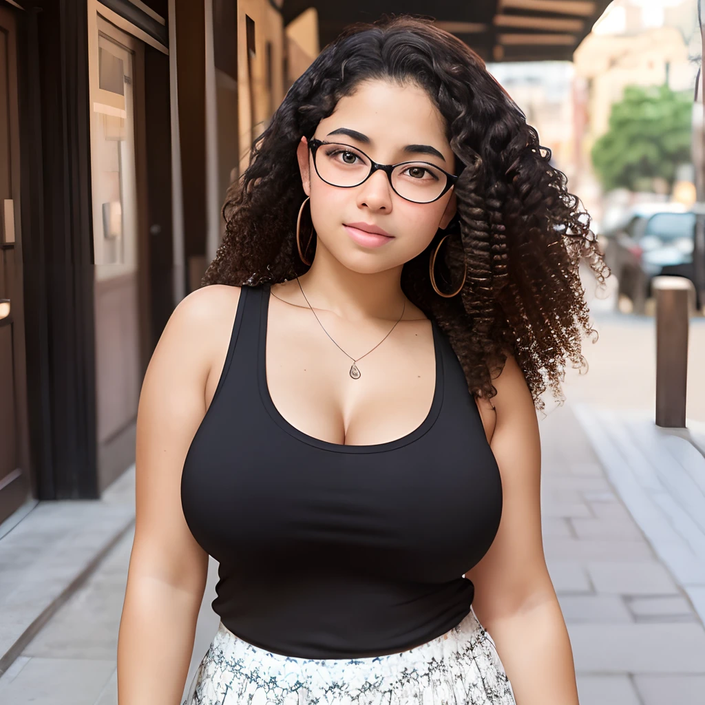 1 girl, YOUNG, adolescent, Jewish ethnicity, huge breasts, hanging breasts, curly dark brown hair, thick black glasses, freckles on the cheeks, black tank top, long white printed skirt, wide angle, (full body shot), highly strung, old town background, jar +18 without blouse, broken and open bra