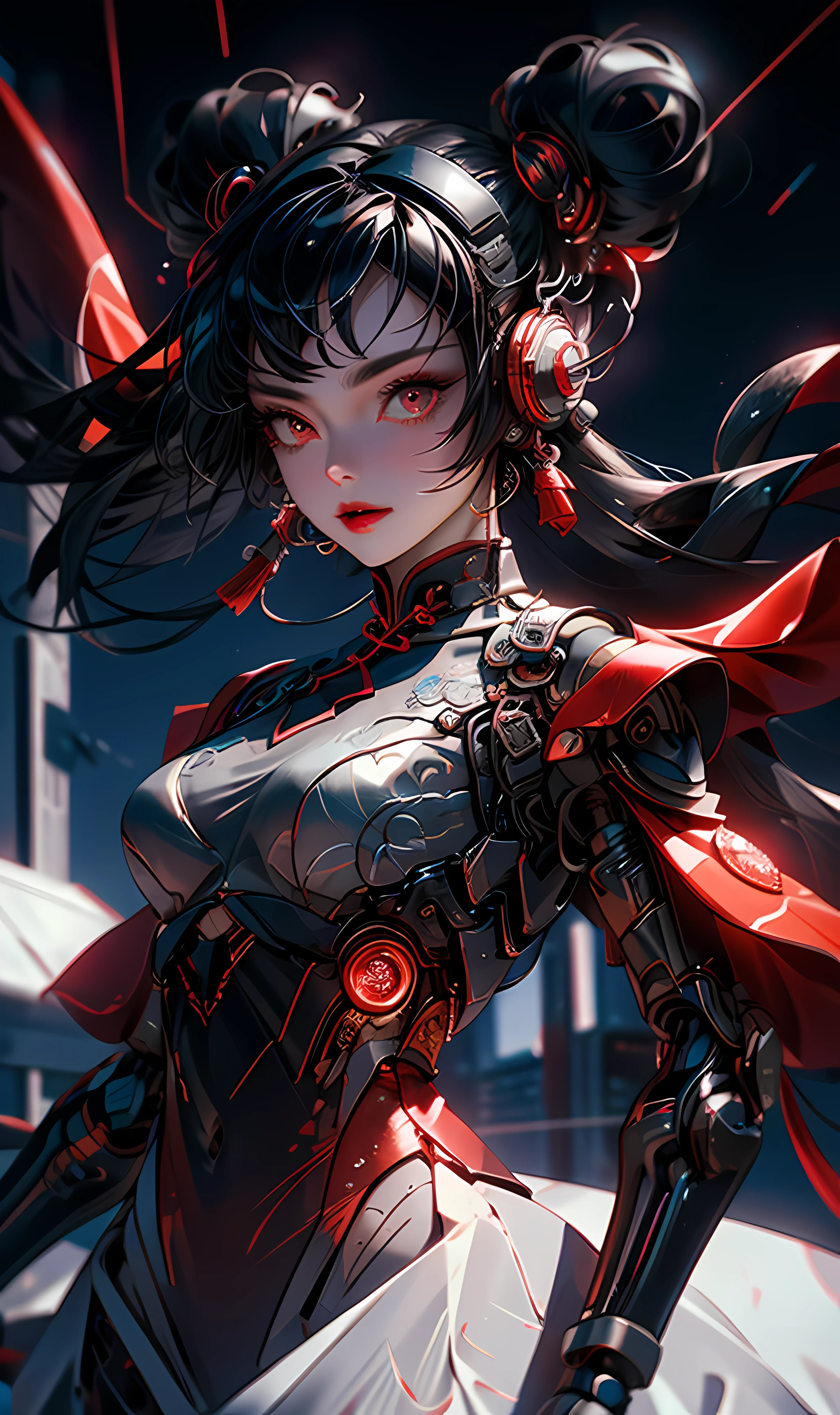 A beautiful Oriental Cyborg woman wearing a black and red kimono with yellow accents --auto --s2