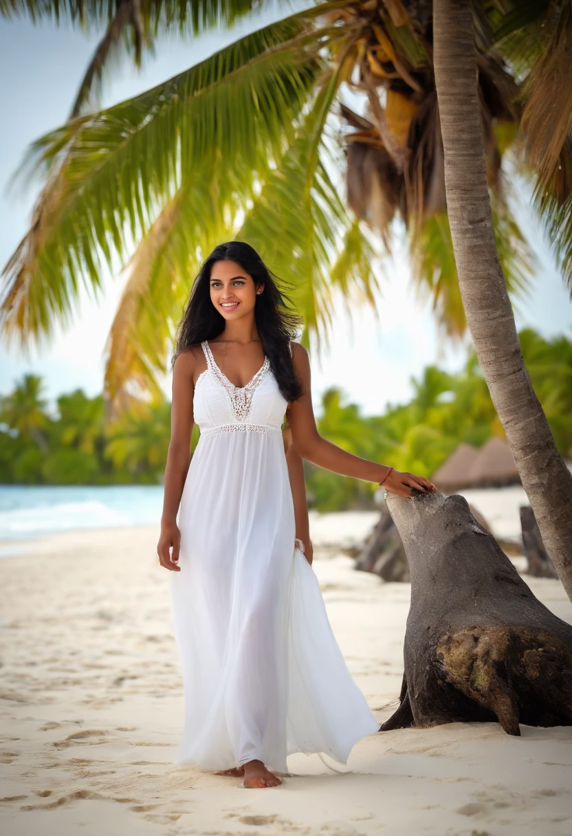 A beautiful and beautiful young princess with black hair with blue eyes, she is wearing her beautiful long white dress( Maldivian traditional resemblance), in the Maldivian beach. Drinking coconut water, she is all wet, making her dress transparent and see through