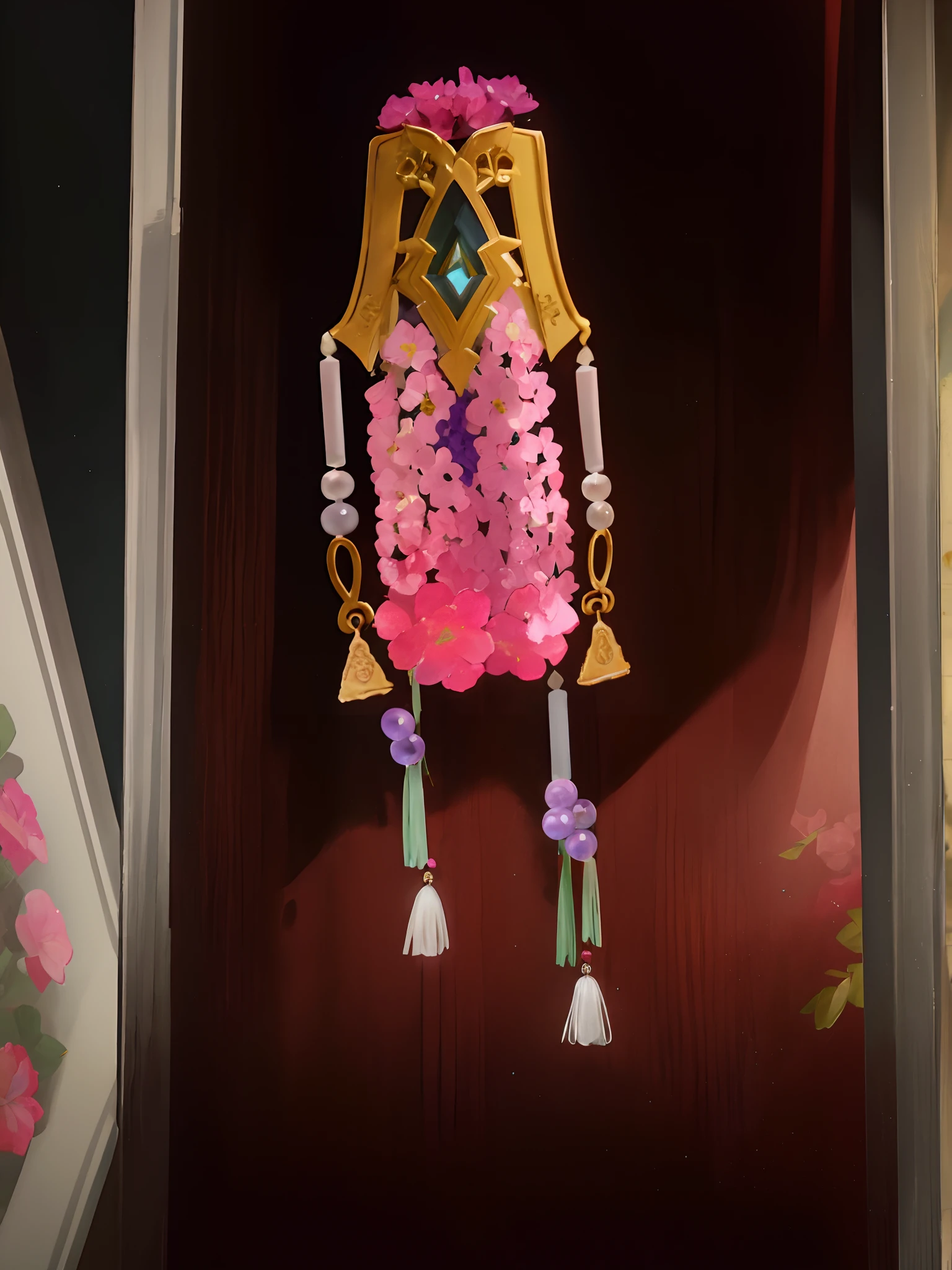 pink flowers, Burgundy flowers,white flowers, universe, purple theme, Beads on all sides, The décor is beautiful ,