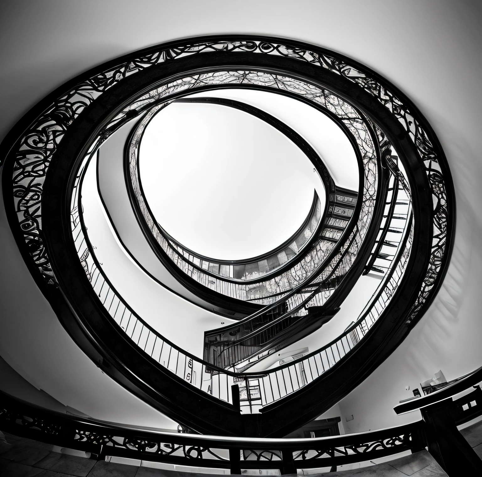 Hay dos escaleras de caracol que suben a la cima, inspirado por M.C. Escher, inspirado por M. C. Escher, inspirado por MC Escher, Mirando hacia abajo, Look down a basement staircase, Estilo MC Escher, Estilo Escher, inspirado por Rodolfo Escalera, Mirando hacia abajo, Escaleras