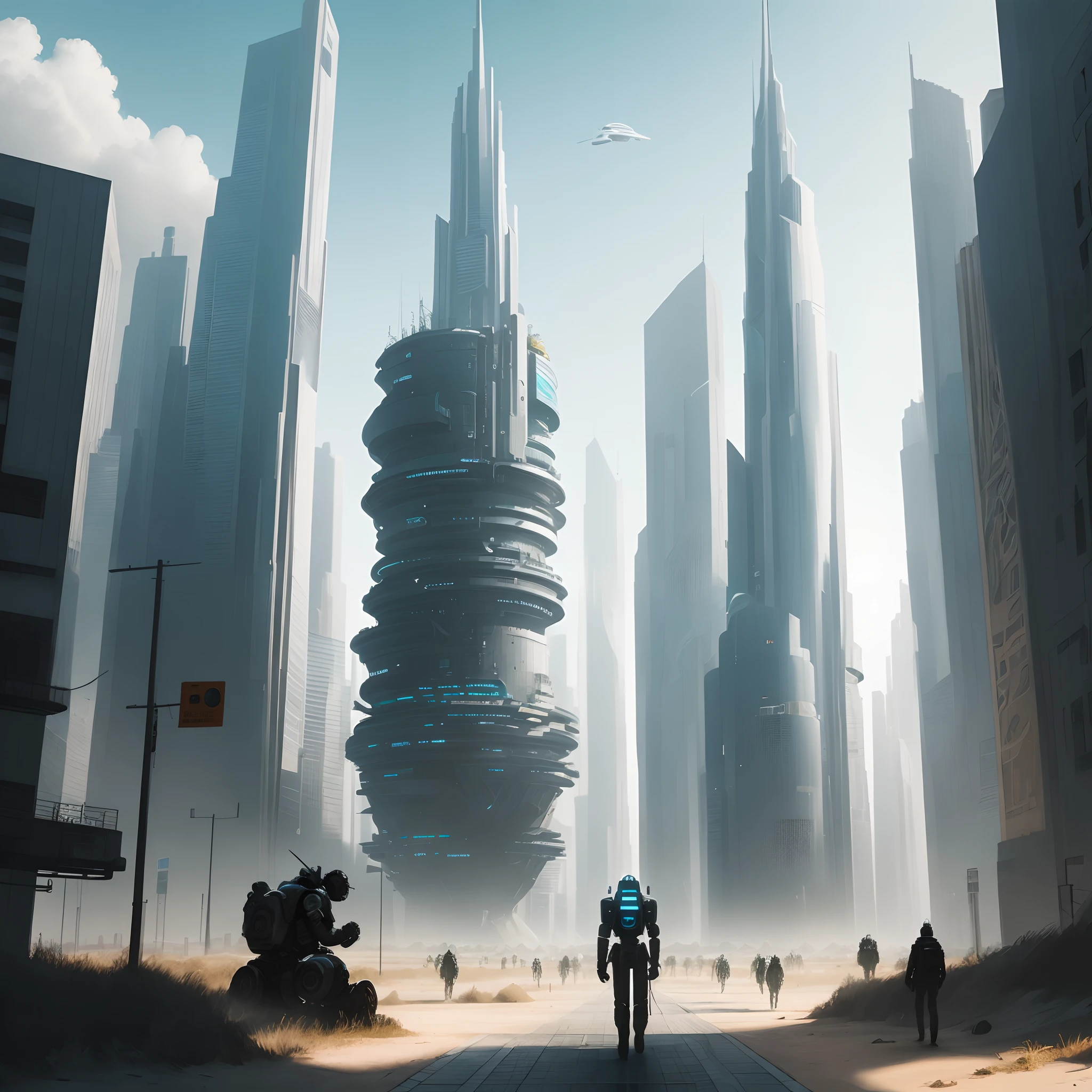 Ciudad futurista con androides caminando