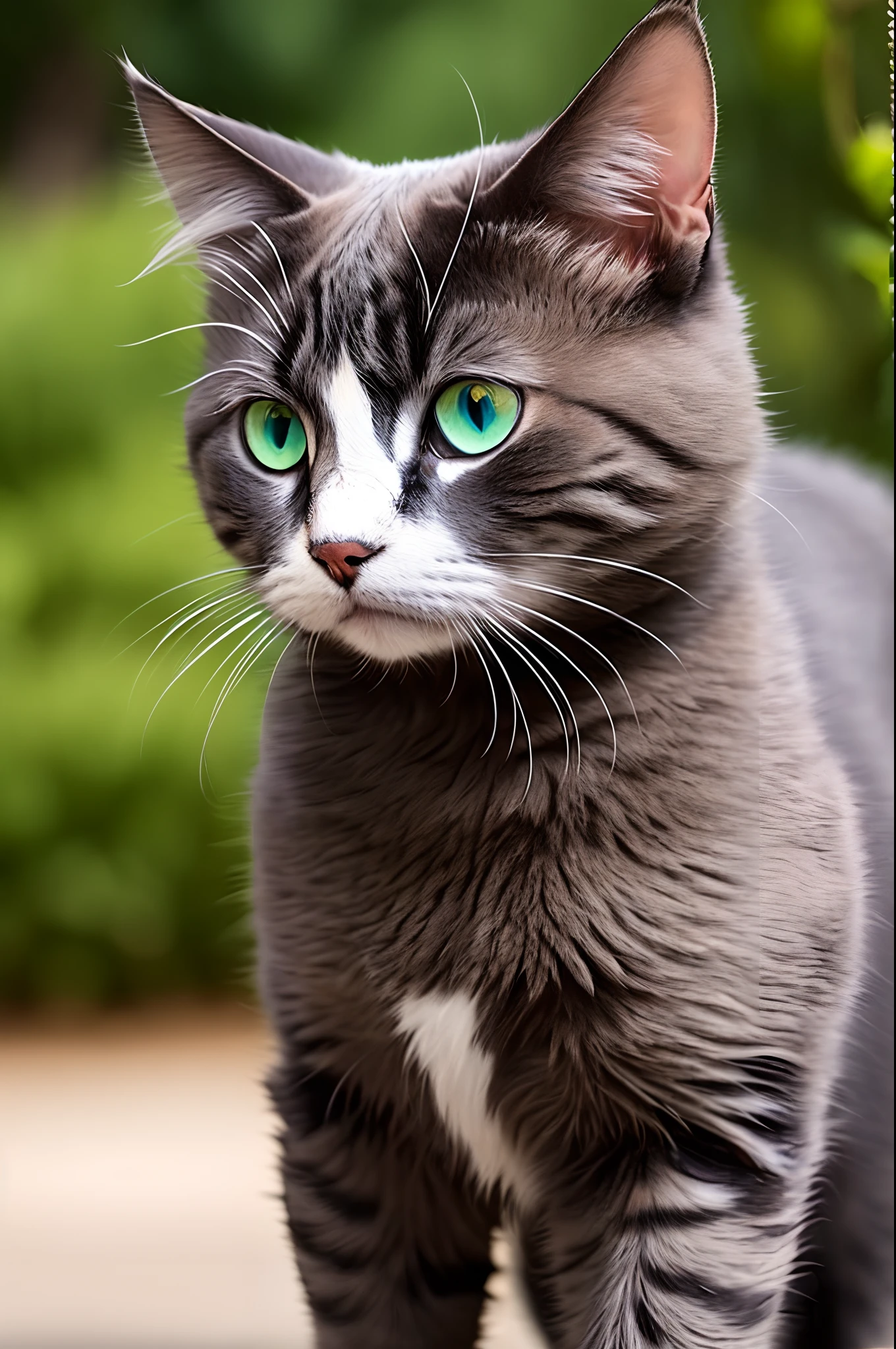 A cat with a harsh look, a green eye and a blue eye, its color is black