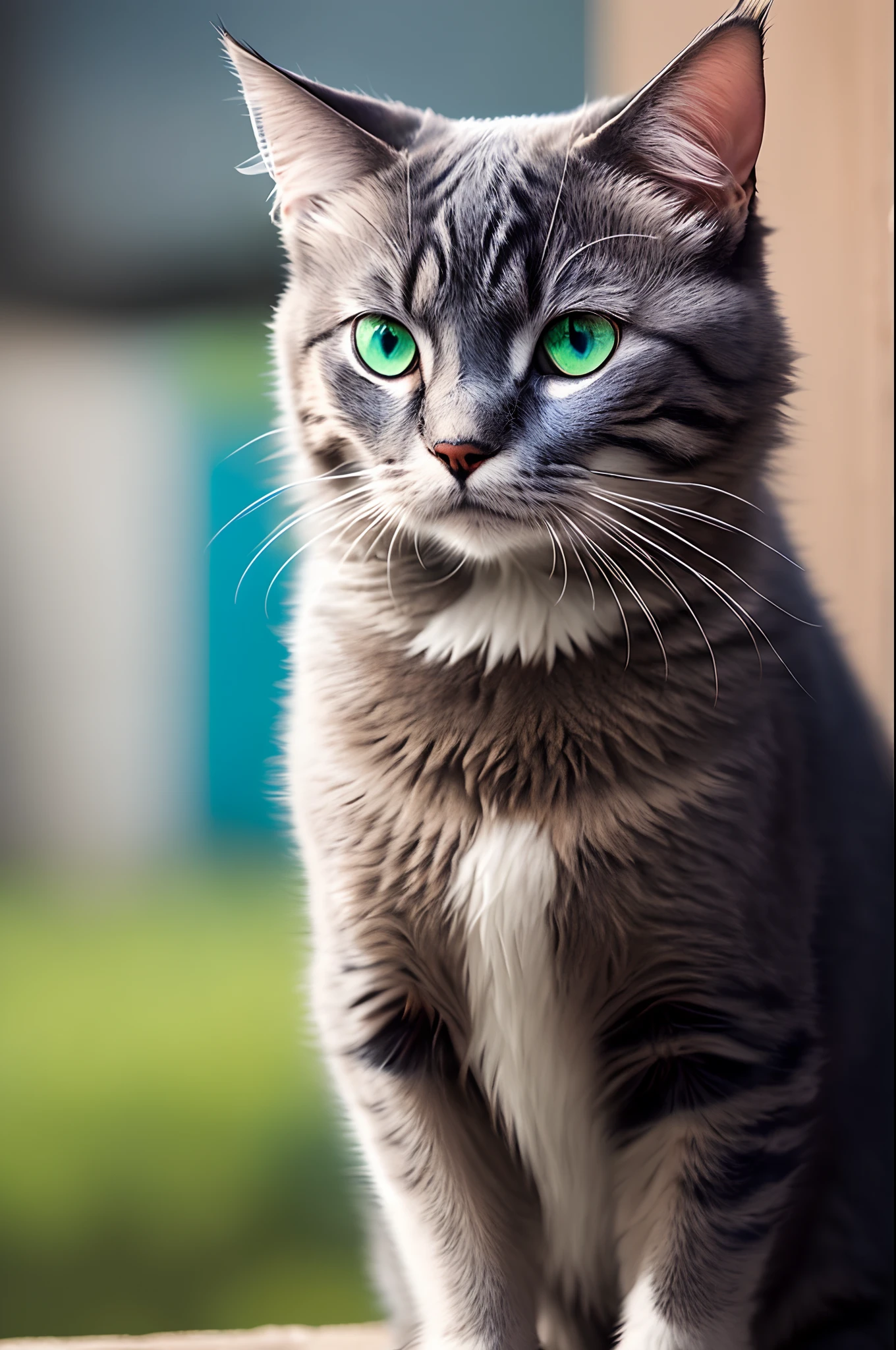 A cat with a harsh look, a green eye and a blue eye, its color is black