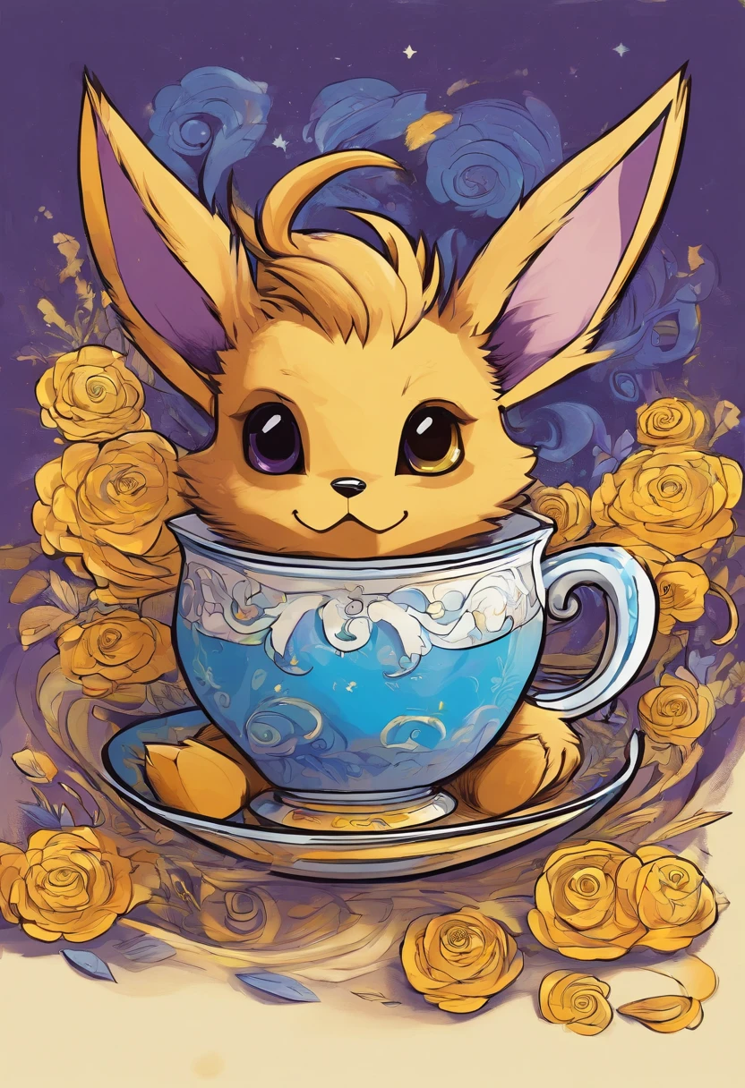 Eevee with violet fur and swirly yellow eyes, inside a white blue and yellow teapot, masterpiece, best quality