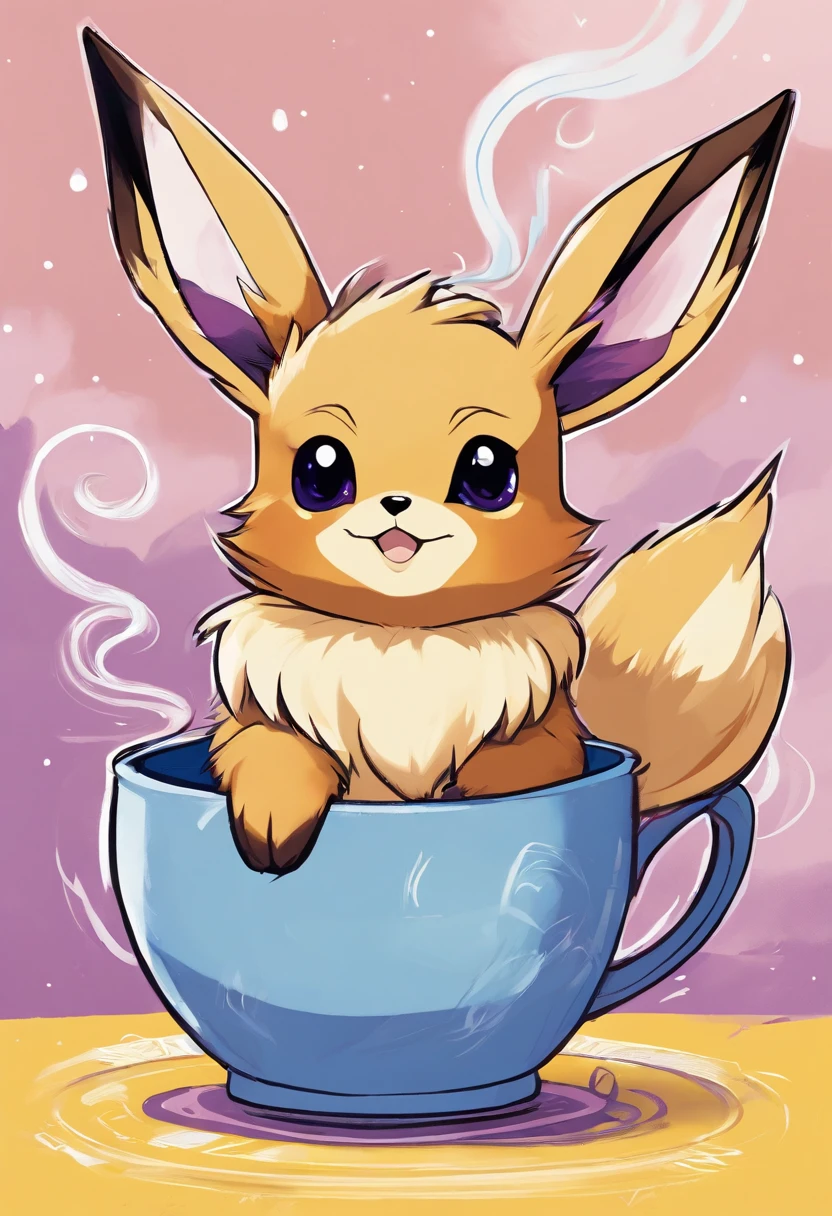 Eevee with violet fur and swirly yellow eyes, inside a white blue and yellow teapot, masterpiece, best quality