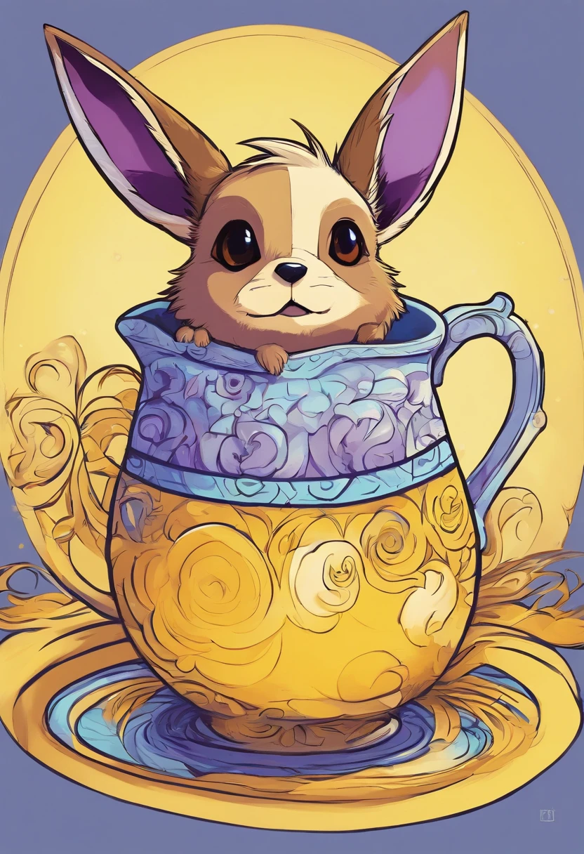 Eevee with violet fur and swirly yellow eyes, inside a white blue and yellow teapot, masterpiece, best quality