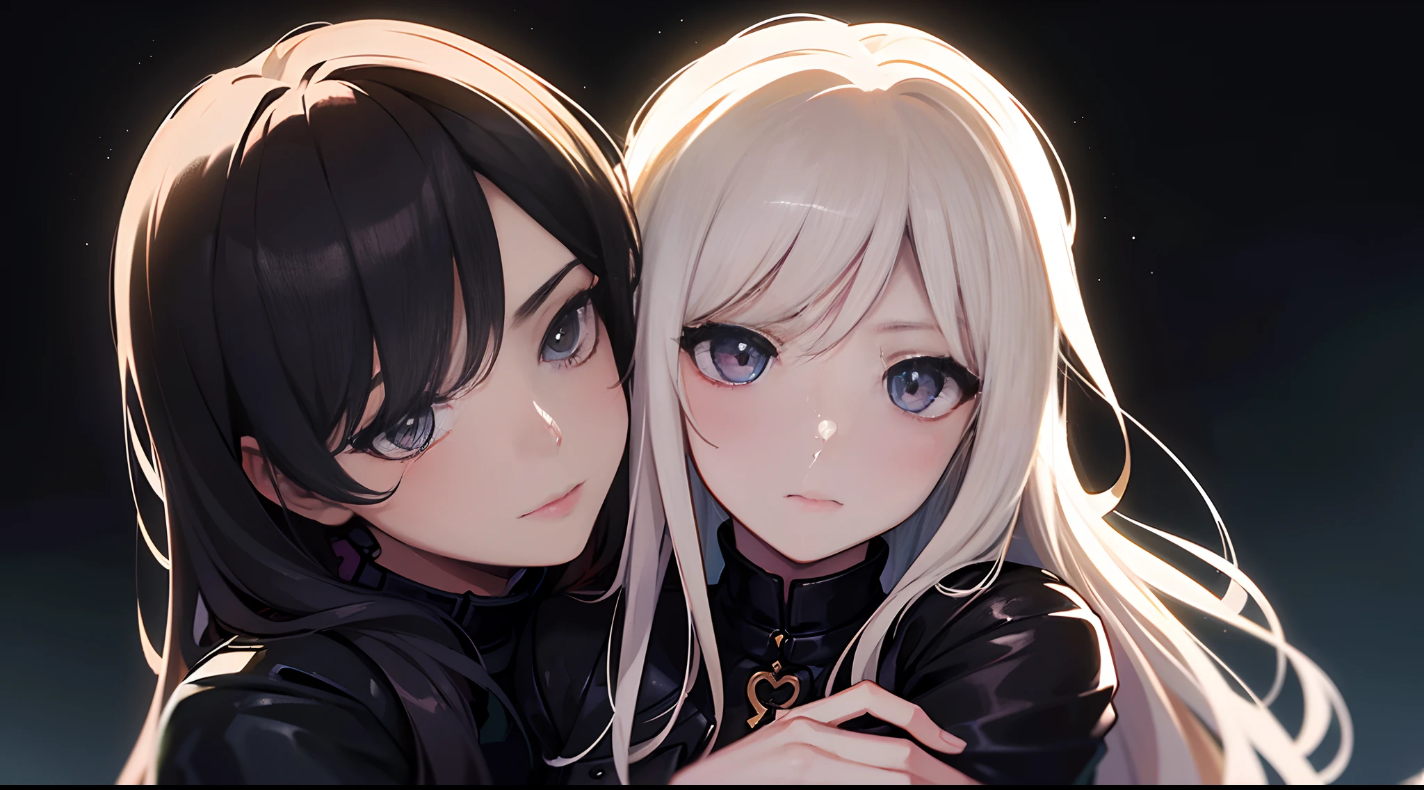 Masterpiece, Superb Clothing, (Illustration), ((2 People)), ((Handsome Young Couple Kissing and Hugging), (Russian Mill Style), Fashion, Leather Jacket, (Long Hair), (Happy), (White Skin), (Dark Circles), Handsome, Party, Toast, Trend, Dark Gray,, Close Up, (Grand Background), (Chiaroscuro)), Fine Face Details, Facial Details, Cinematic Lighting, (Depth of Field), UHD, (Upper Body), Black Background