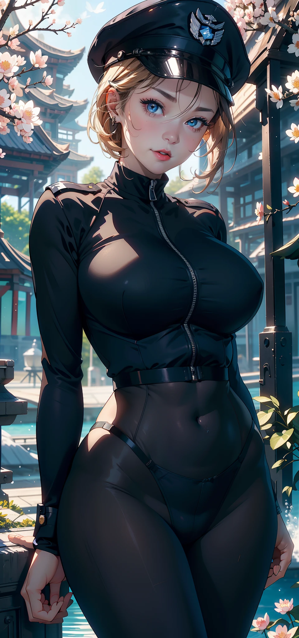 1female，Married Woman，A MILF，熟妇，mature，extremely large bosom，plumw（Background with：ponds，Cherry blossom forest，lotus flower）Lie underwater， She has short blonde hair，bobo head，seen from the front，mostly cloudy sky，（（（tmasterpiece），（Very detailed CG unity 8K wallpaper），best qualtiy，cinmatic lighting，detailed back ground，beatiful detailed eyes，Bright pupils，Blue eyes，Snow-whiteskin，Redlip（Very fine and beautiful），（Beautiful and detailed eye description），ultra - detailed，tmasterpiece，））facing at camera，A high resolution，ultra - detailed），revealing breasts，Bare genitalia，  Bulge，legs are open，Raised sexy，Camel toes，Desire for dissatisfaction，frontage，us airforce（Wearing ： Black pantyhose ，Navy blue officer uniform）Officer's cap