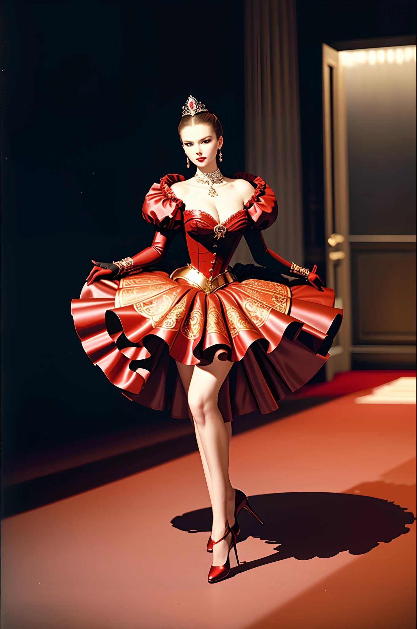 ((Masterpiece, Best quality,Edge quality)),face expressionless，Slim body，High percentage,(Baroque style，Conservative style，red colour，Plain dress，guard，Dignified and noble，Full body photo of girl standing,Photos of the catwalk from head to toe，High heels,CLASSICSTYLE，edgTM, a woman on the ((Dance skirt)) Stand on the catwalk ,Dress in style, red style，Rococo dress，
