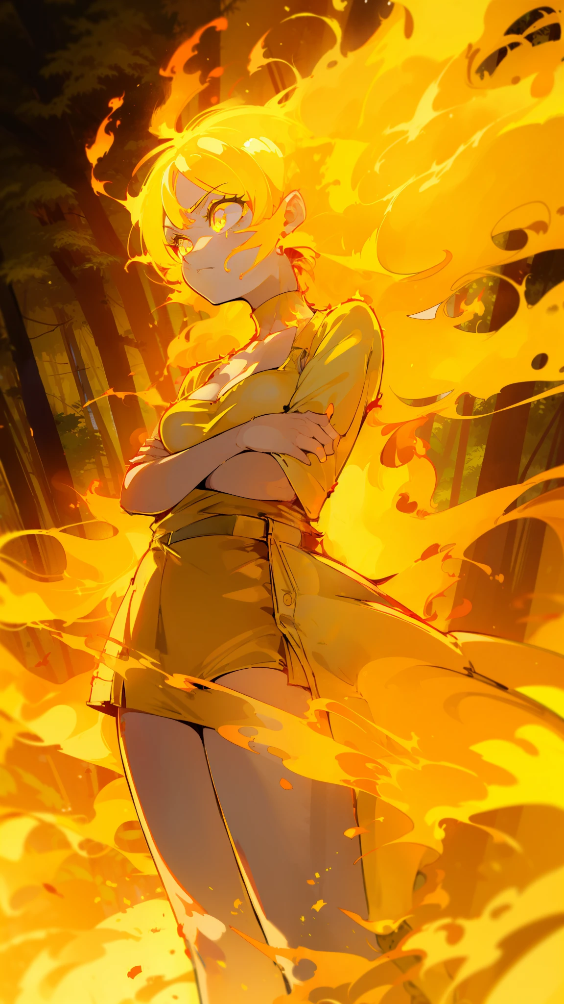 1small girl,solo,20s,angry face,(((woman face))),little cleavage,((yellow shirt,yellow mini skirt)), flame_hair,long hair,yellow eyes,(closed arms),burning body,burning on floor,(((standing in front of a forest)))