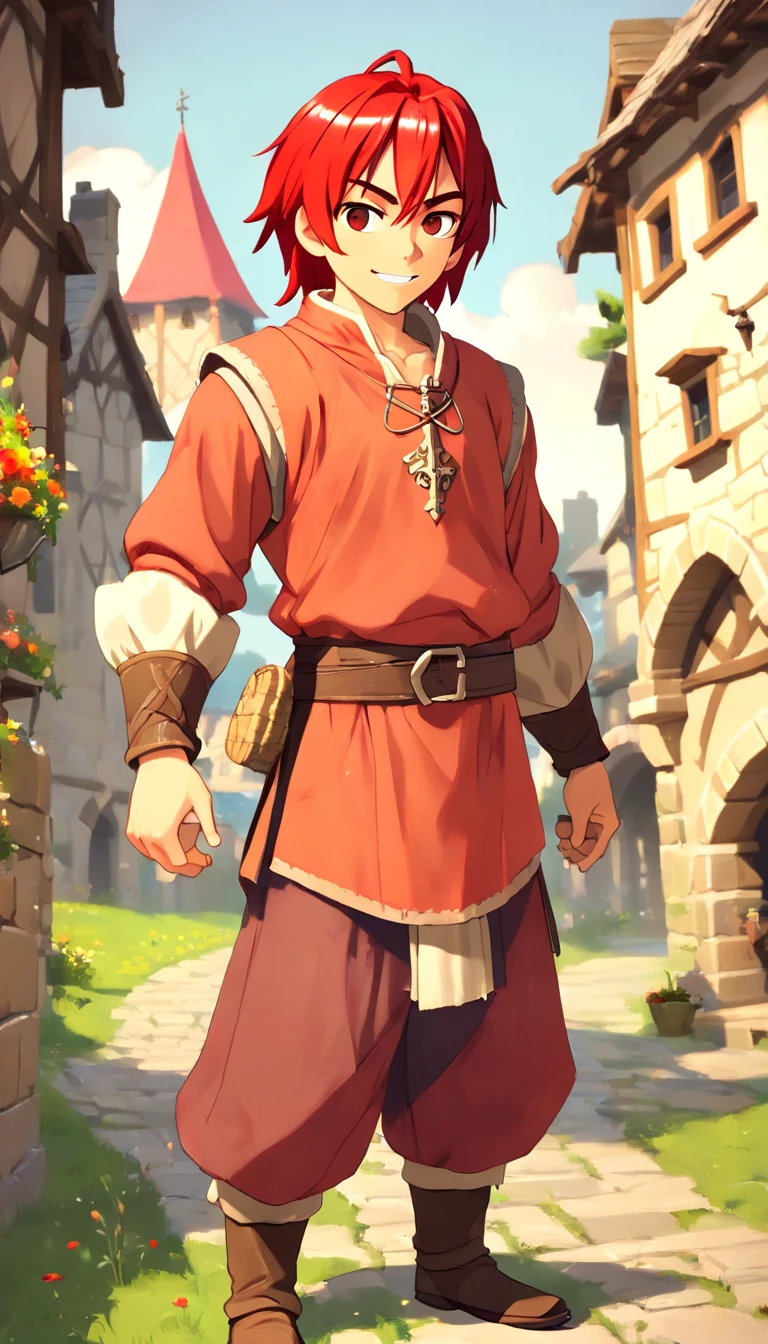 Conan Exiles style, One dirty child (male) (), Tan skin, 1kid, ((slim fit muscular body: 1.5)), ((medieval villager clothing: 1.9)), bright_red hair, short hair, Peasant boy, villager , Friendly Smile, heroic, slightly sloppy clothes, Medieval Style Clothing, Simple Clothing, Human, gentle boy, Young Face, Skill Picture, Villager Clothes, ((highly_saturated red_hair: 2)), (epitome_of_kindness: 1.5)), ((extremely_handsome: 1.8)), (short_hair: 1.7), ((amazing and unique character_design: 1.9))