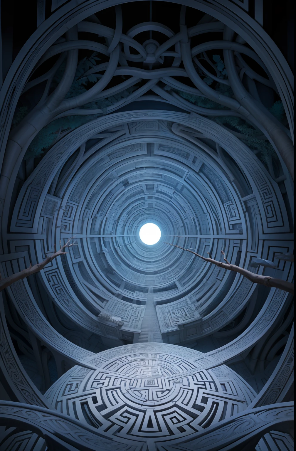 An illustration of a complex labyrinth with several branches, representing a divergent narrative. Inspired by MC Escher's art style, the maze features intricate lines and illusory perspectives. With a vibrant and contrasting color palette, the maze conveys the idea of different paths to explore. The facial expressions of the characters within the maze are one of surprise and curiosity. The lighting is bright and the atmosphere is one of discovery and challenge.--v 5 --stylize 1000