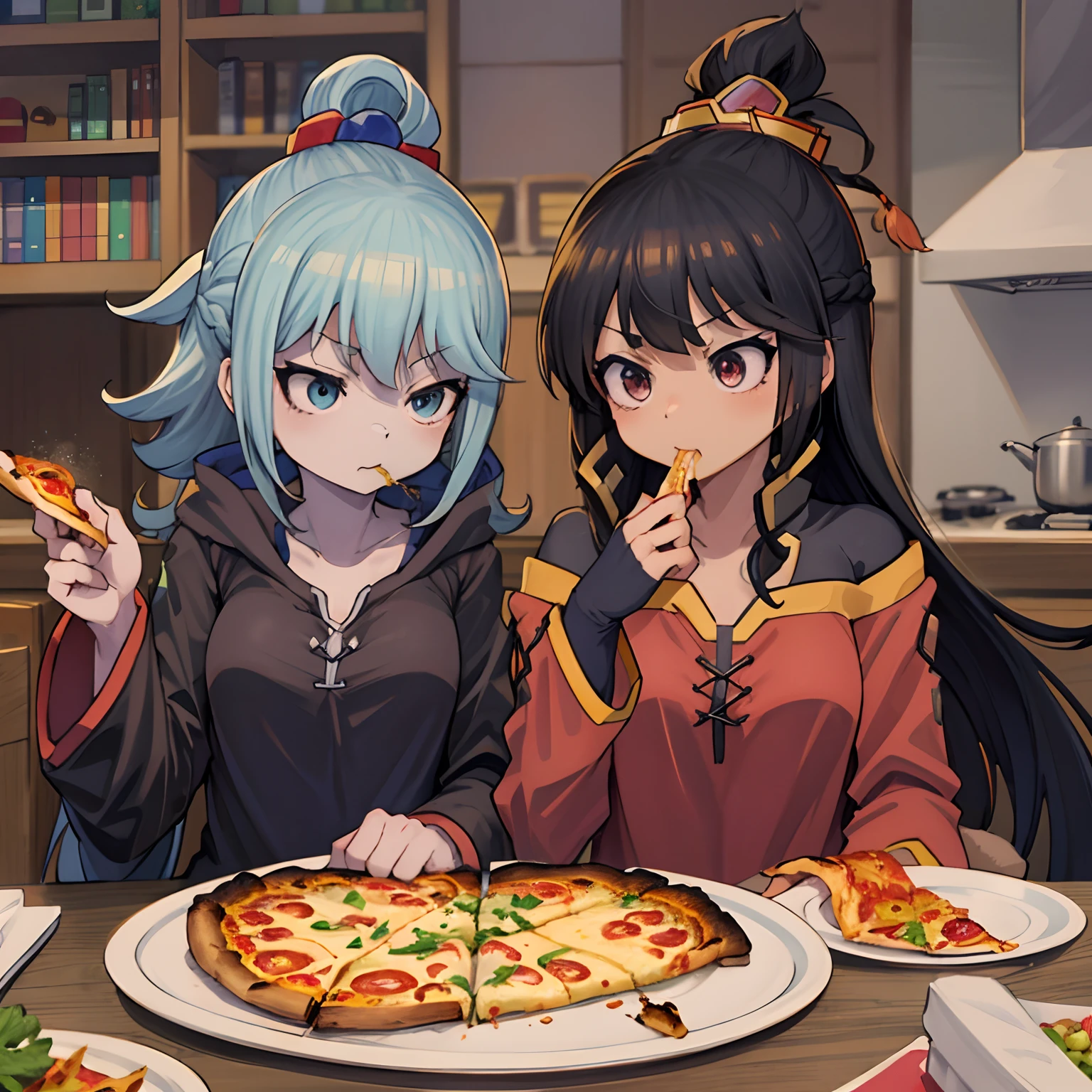 (melhor qualidade: 1.4), anime konosuba, aqua (cabelo longo) e megumin (pequena, cabelo curto) em casa comendo pizza juntas, anthro, gato, furry