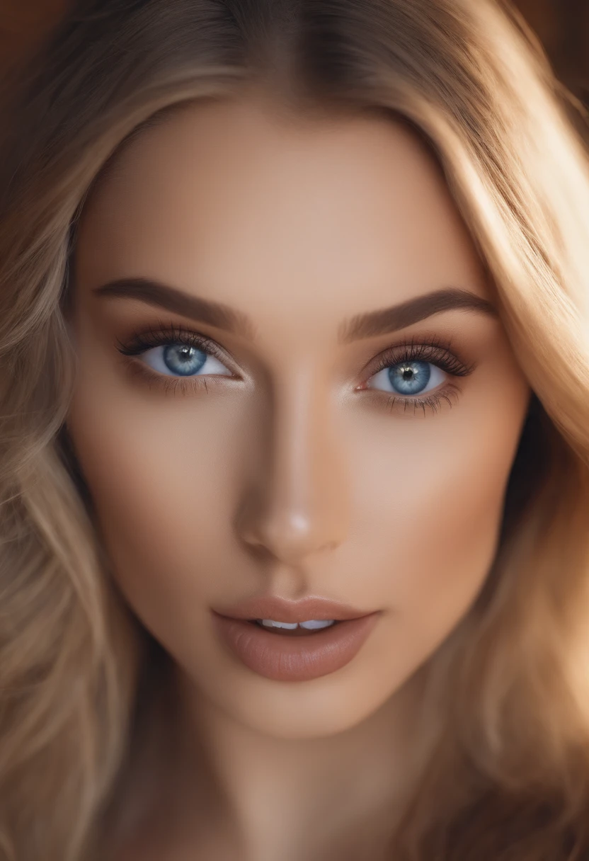 Arafed Full Woman, Sexy Girl with Blue Eyes, , Ultra Realistic, Meticulously Detailed, Portrait of Sophie Mudd, Blonde Hair and Big Eyes, Selfie of a Young Woman, Bedroom Eyes, Violet Myers, No Makeup, Natural Makeup, Looking Directly at the Camera, face artgram, subtle make-up, Impressive photo of the whole body kneeling on the bed, In the bedroom, Medium and large size chest, allowing the face to be seen clearly, portrait, bikini, in the cinema