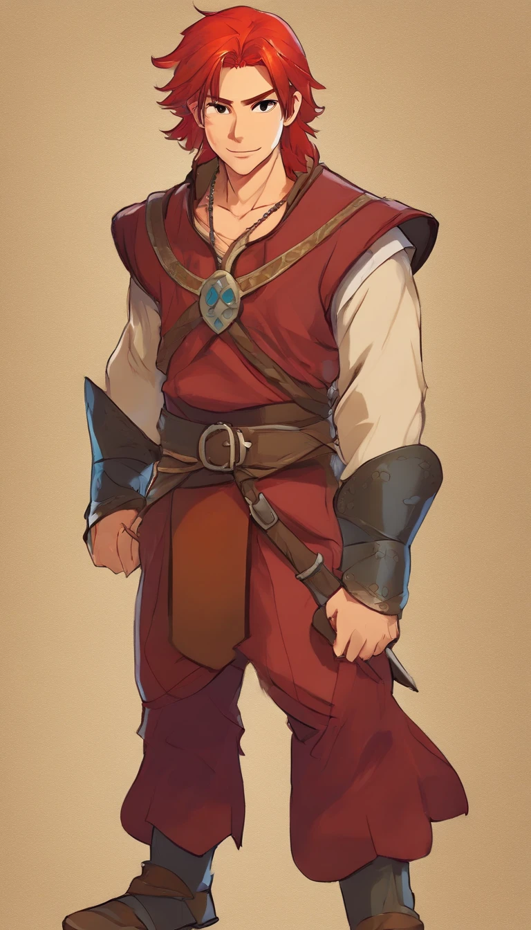 Conan Exiles style, One dirty child (male) (13 years old), Tan skin, 1kid, ((slim fit muscular body: 1.5)), ((medieval villager clothing: 1.9)), bright_red hair, short hair, Peasant boy, villager , Friendly Smile, heroic, slightly sloppy clothes, Medieval Style Clothing, Simple Clothing, Human, gentle boy, Young Face, Skill Picture, Villager Clothes, ((highly_saturated red_hair: 2)), (epitome_of_kindness: 1.5)), ((extremely_handsome: 1.8)), (short_hair: 1.7), ((amazing and unique character_design: 1.9))