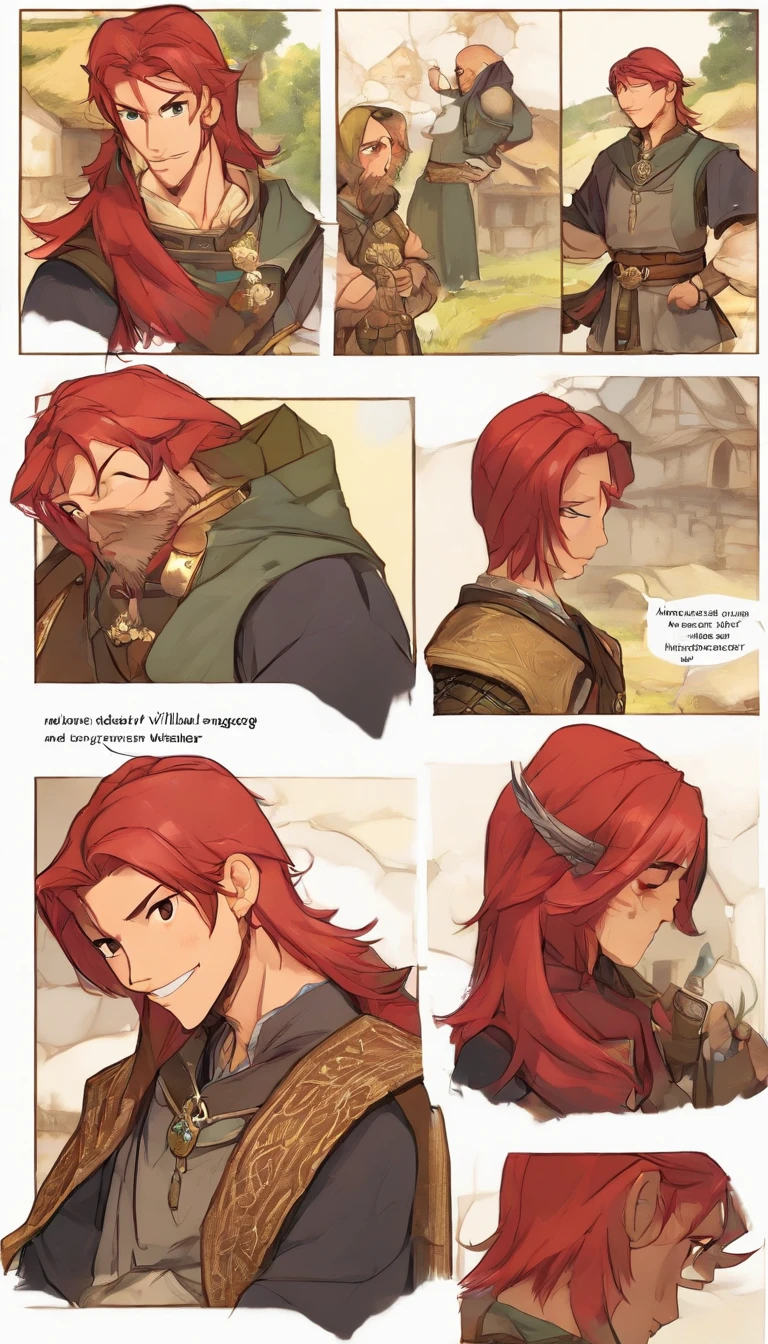 Conan Exiles style, One dirty child (male) (13 years old), Tan skin, 1kid, ((slim fit muscular body: 1.5)), ((medieval villager clothing: 1.9)), bright_red hair, short hair, Peasant boy, villager , Friendly Smile, heroic, slightly sloppy clothes, Medieval Style Clothing, Simple Clothing, Human, gentle boy, Young Face, Skill Picture, Villager Clothes, ((highly_saturated red_hair: 2)), (epitome_of_kindness: 1.5)), ((extremely_handsome: 1.8)), (short_hair: 1.7), ((amazing and unique character_design: 1.9))