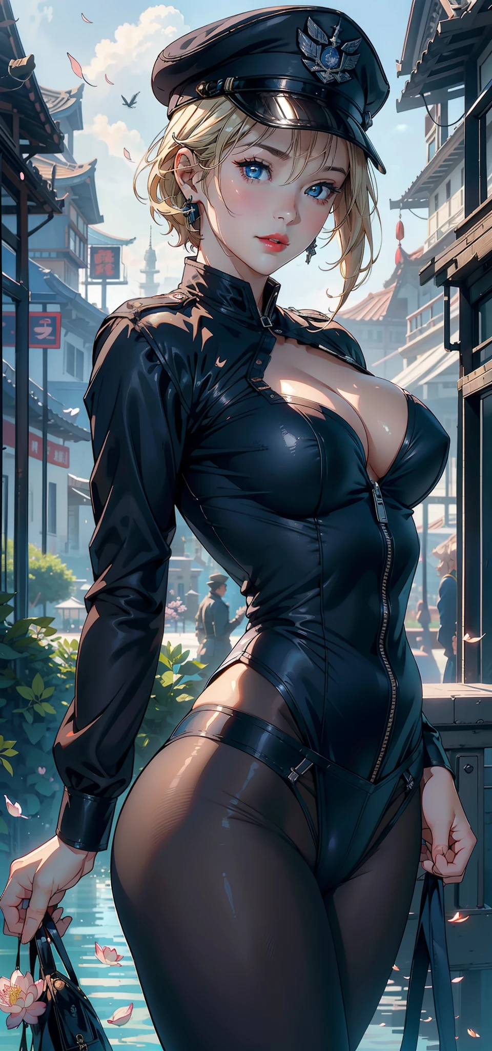 1female,Married Woman,A MILF,熟妇,mature,extremely large bosom,plumw(Background with:Mare,Military port,battleships,submarine,Cherry blossom forest,lotus flower)Lie underwater, She has short blonde hair,bobo head,seen from the front,mostly cloudy sky,(((tmasterpiece),(Very detailed CG unity 8K wallpaper),best qualtiy,cinmatic lighting,detailed back ground,beatiful detailed eyes,Bright pupils,Blue eyes,Snow-whiteskin,Redlip(Very fine and beautiful),(Beautiful and detailed eye description),ultra - detailed,tmasterpiece,))facing at camera,A high resolution,ultra - detailed),revealing breasts,Bare genitalia, Bulge,legs are open,Raised sexy,Camel toes,Desire for dissatisfaction,frontage,us airforce(Wearing : Black pantyhose ,Navy blue officer uniform)Officer's cap