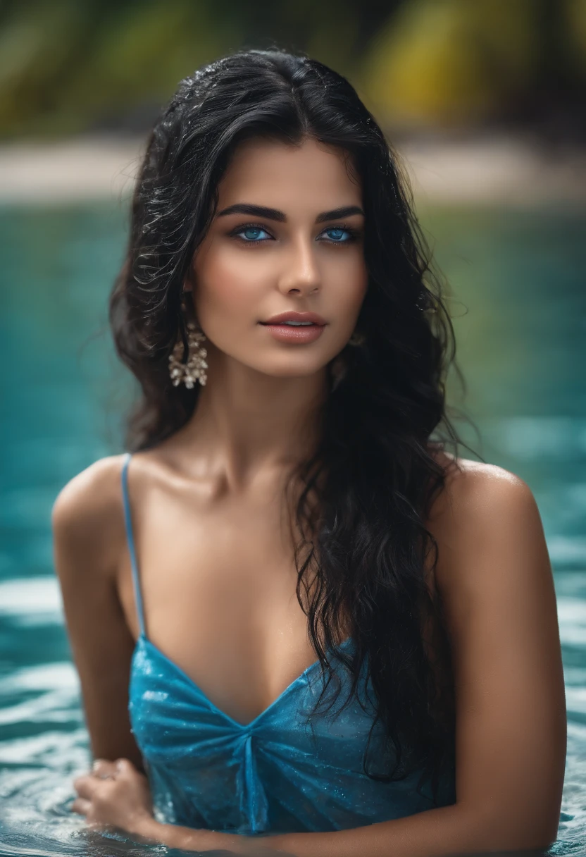 A beautiful and beautiful young princess with black hair with blue eyes, she is wearing a wet spaghetti top, in the Maldives beach, she is dripping wet, making her dress transparent and see through
