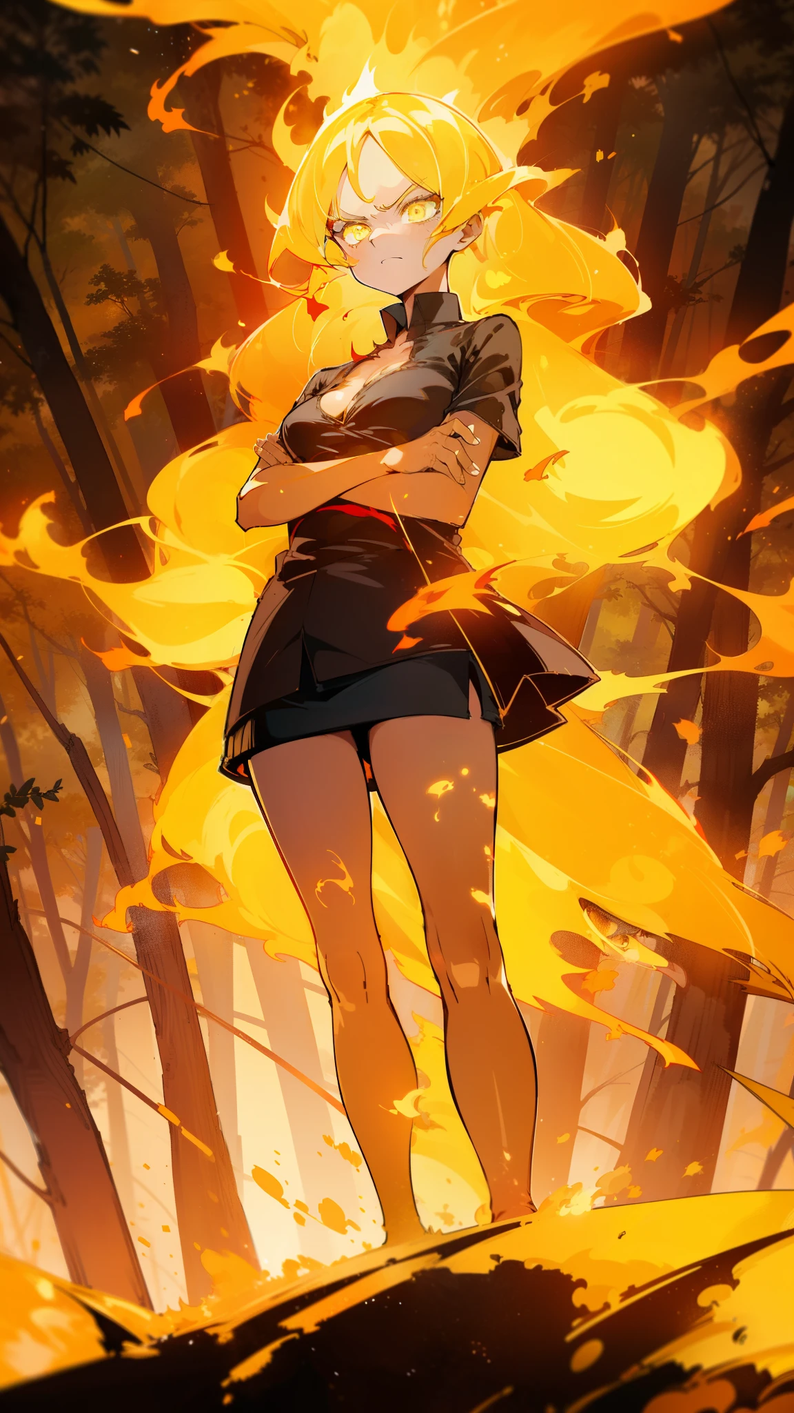 1small girl,solo,20s,angry face,(((woman face))),little cleavage,((black shirt,black mini skirt)), flame_hair,yellow hair,long hair,yellow eyes,(closed arms),burning body,burning on floor,(((standing in front of a forest)))