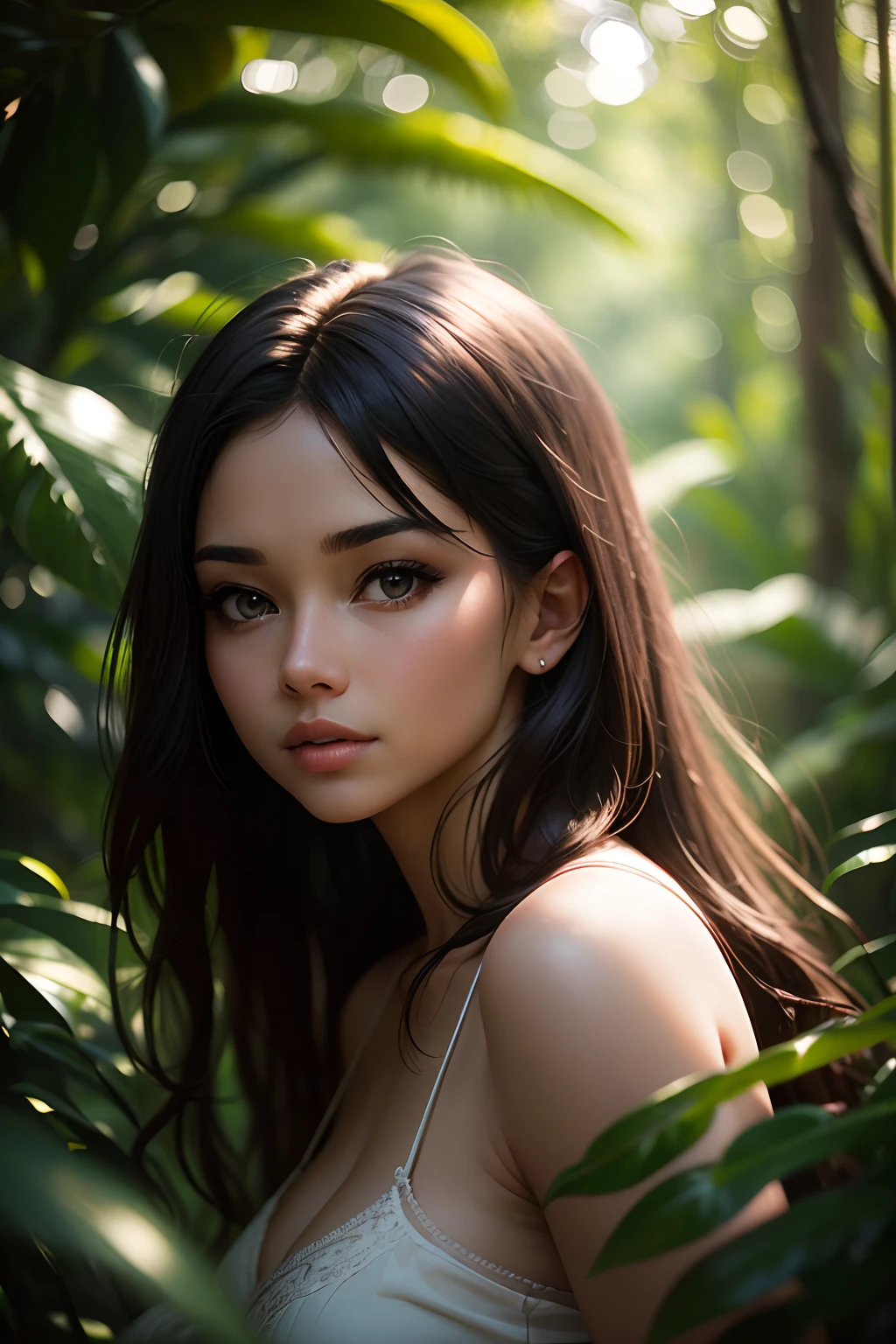 a real photo of beautiful woman, in a tropical forest, with bokeh effect in the background