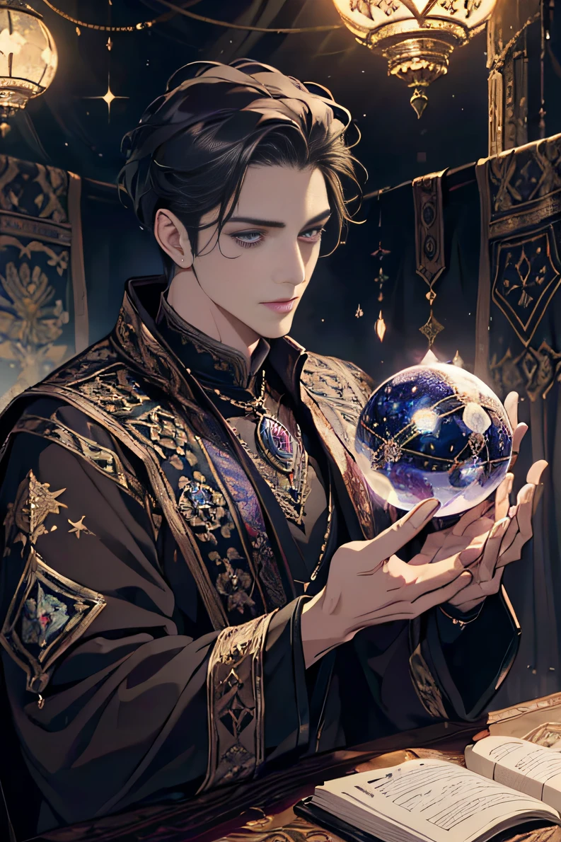 (Masterpiece, Best quality:1.4),(absurderes, A high resolution, Ultra detailed:1.2,Perfect face:1.2), (1 handsome man:1.41), Intricate details,Black hair,medium length haircut，Forehead hair style,(Purple eyes),Portrait, Detailed background, Close up, (High fantasy medieval theme:1.1), Fortune teller, Light smile,Sit behind the desk face forward,Gorgeous dark royal robes, horoscope, Tarot cards on the table, crystal sphere, medieval (interior of a tent:1.1) Background, Tent curtains in the background, Dark and mysterious lights, Shadows, Magical atmosphere, Starry night