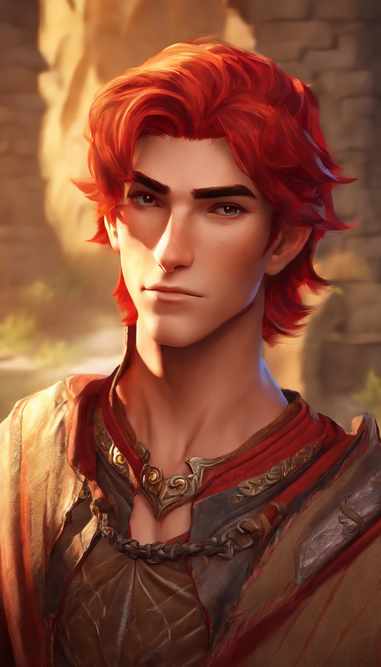 Conan Exiles style, One dirty child (male) (), Tan skin, 1kid, ((slim fit muscular body: 1.5)), ((medieval villager clothing: 1.9)), bright_red hair, short hair, Peasant boy, villager , Friendly Smile, heroic, slightly sloppy clothes, Medieval Style Clothing, Simple Clothing, Human, gentle boy, Young Face, Skill Picture, Villager Clothes, ((highly_saturated red_hair: 2)), (epitome_of_kindness: 1.5)), ((extremely_handsome: 1.8)), (short_hair: 1.7), ((amazing and unique character_design: 1.9))