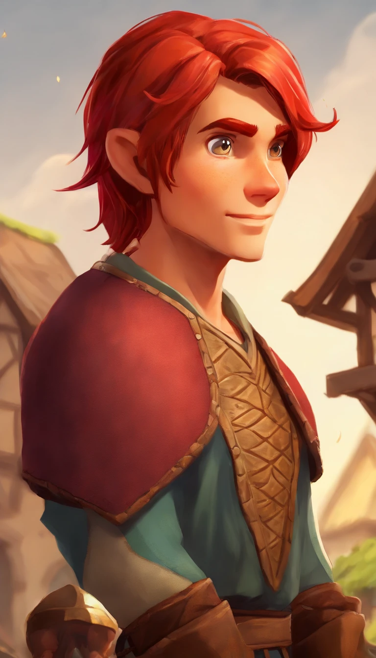 Conan Exiles style, One dirty child (male) (13 years old), Tan skin, 1kid, ((slim fit muscular body: 1.5)), ((medieval villager clothing: 1.9)), bright_red hair, short hair, Peasant boy, villager , Friendly Smile, heroic, slightly sloppy clothes, Medieval Style Clothing, Simple Clothing, Human, gentle boy, Young Face, Skill Picture, Villager Clothes, ((highly_saturated red_hair: 2)), (epitome_of_kindness: 1.5)), ((extremely_handsome: 1.8)), (short_hair: 1.7), ((amazing and unique character_design: 1.9))