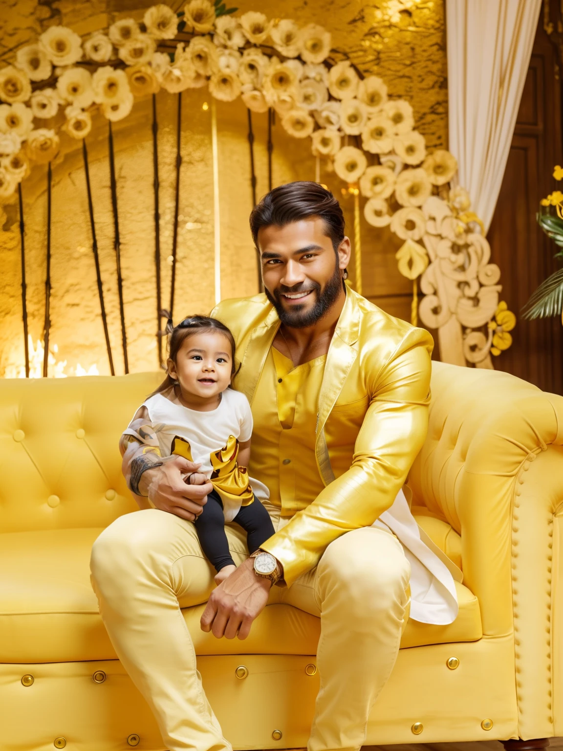 Muscular man, alone, holding a golden spear, hair tied in bun, dark brown hair, Chinese-looking man, ((burnt yellow social blouse, long white jeans)), black military boot, smile, yellow colored eyes, castle, costume.