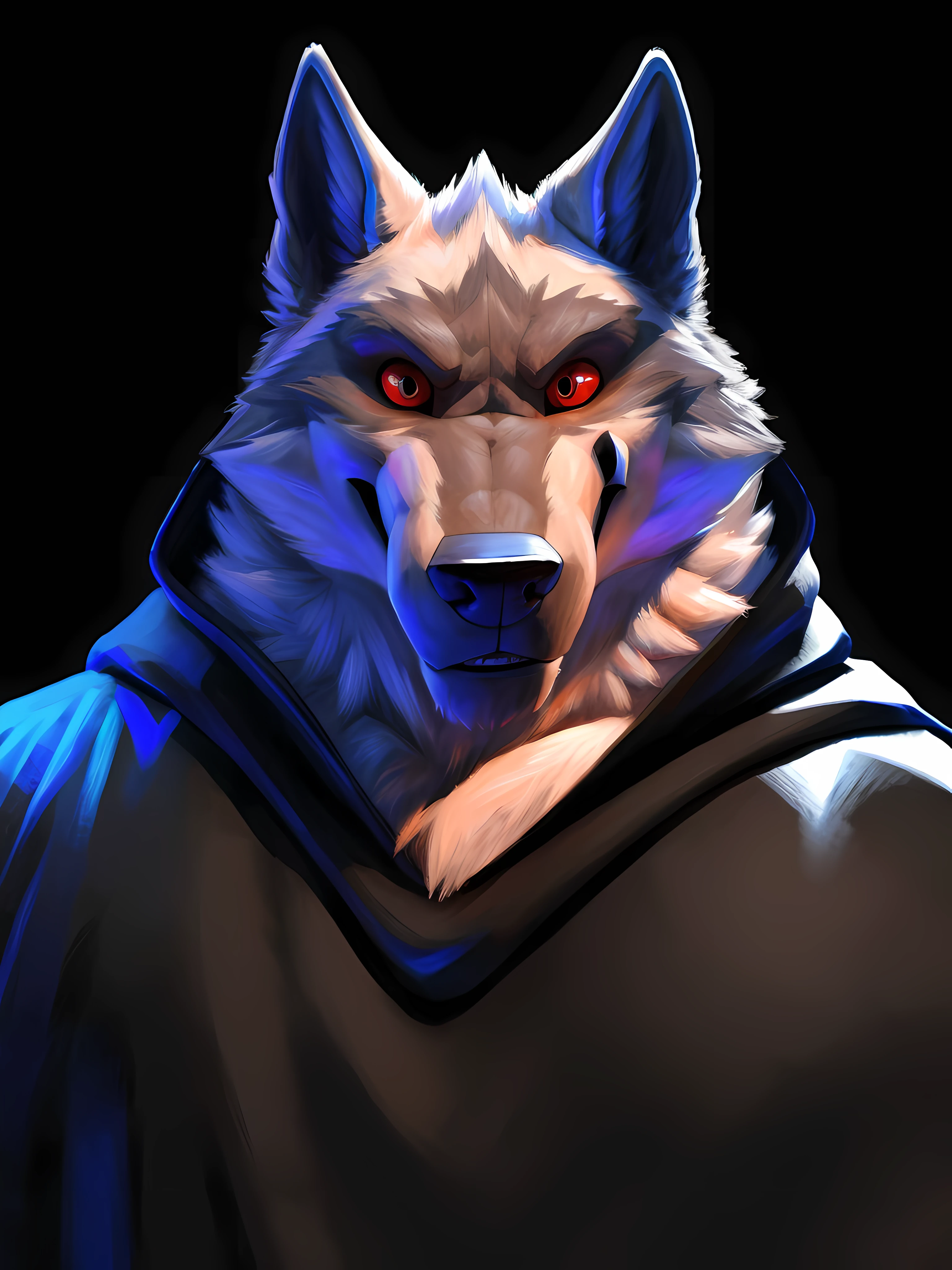 deathwolf, 4k, high resolution, best quality, posted on e621, solo, anthro body, mane, male, adult, very masculine, (very muscular, strong pectorals, big pecs, muscular arms, heavyweight:1.2), correct anatomy, (dark background, black background, featureless background no background:1.2), (by wfa:0.6), (by spelunker_sal:0.6), (taran fiddler anatomy:1.0), (black pants:1.0), (detailed eyes, red eyes:1.2), (detailed shading, photorealistic shading, masterpiece:1.2), confident, proud, strong pose, (veins, vascular:1.1), angry face, smile, looking at viewer, wolf tail, (close-up, half body, front view, head, face, chest), (black poncho, black cape, bare chest)