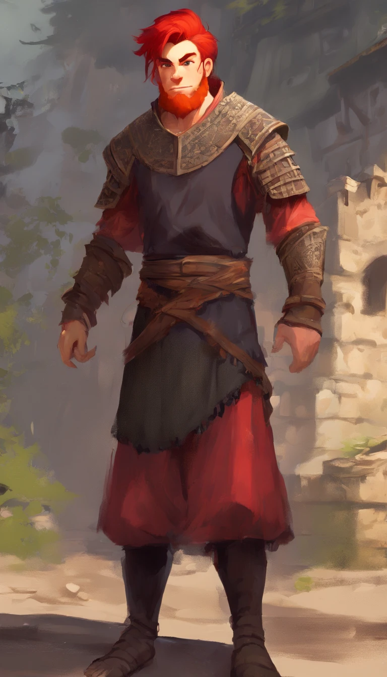 Conan Exiles style, One dirty child (male) (), Tan skin, 1kid, ((slim fit muscular body: 1.5)), ((medieval villager clothing: 1.9)), bright_red hair, short hair, Peasant boy, villager , Friendly Smile, heroic, slightly sloppy clothes, Medieval Style Clothing, Simple Clothing, Human, gentle boy, Young Face, Skill Picture, Villager Clothes, ((highly_saturated red_hair: 2)), (epitome_of_kindness: 1.5)), ((extremely_handsome: 1.8)), (short_hair: 1.7), ((amazing and unique character_design: 1.9))