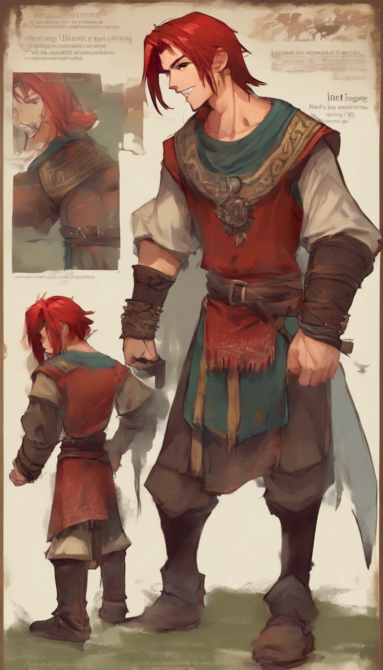 Conan Exiles style, One dirty child (male) (), Tan skin, 1kid, ((slim fit muscular body: 1.5)), ((medieval villager clothing: 1.9)), bright_red hair, short hair, Peasant boy, villager , Friendly Smile, heroic, slightly sloppy clothes, Medieval Style Clothing, Simple Clothing, Human, gentle boy, Young Face, Skill Picture, Villager Clothes, ((highly_saturated red_hair: 2)), (epitome_of_kindness: 1.5)), ((extremely_handsome: 1.8)), (short_hair: 1.7), ((amazing and unique character_design: 1.9))