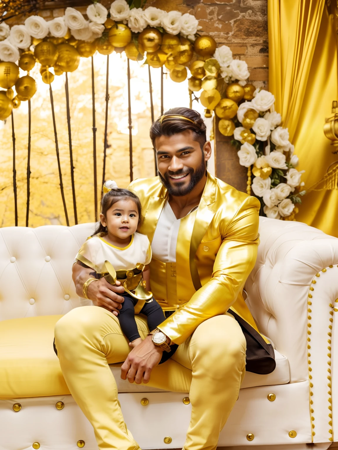 Muscular man, alone, holding a golden spear, hair tied in bun, dark brown hair, Chinese-looking man, ((burnt yellow social blouse, long white jeans)), black military boot, smile, yellow colored eyes, castle, costume.