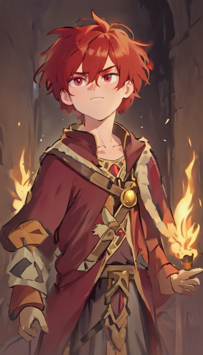 Conan Exiles style, One dirty child (male) (13 years old), Tan skin, 1kid, ((slim fit muscular body: 1.5)), ((medieval villager clothing: 1.9)), bright_red hair, short hair, Peasant boy, villager , Friendly Smile, heroic, slightly sloppy clothes, Medieval Style Clothing, Simple Clothing, Human, gentle boy, Young Face, Skill Picture, Villager Clothes, ((highly_saturated red_hair: 2)), (epitome_of_kindness: 1.5)), ((extremely_handsome: 1.8)), (short_hair: 1.7), ((amazing and unique character_design: 1.9))