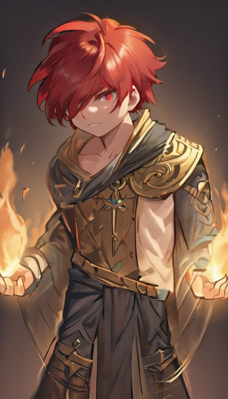 Conan Exiles style, One dirty child (male) (13 years old), Tan skin, 1kid, ((slim fit muscular body: 1.5)), ((medieval villager clothing: 1.9)), bright_red hair, short hair, Peasant boy, villager , Friendly Smile, heroic, slightly sloppy clothes, Medieval Style Clothing, Simple Clothing, Human, gentle boy, Young Face, Skill Picture, Villager Clothes, ((highly_saturated red_hair: 2)), (epitome_of_kindness: 1.5)), ((extremely_handsome: 1.8)), (short_hair: 1.7), ((amazing and unique character_design: 1.9))