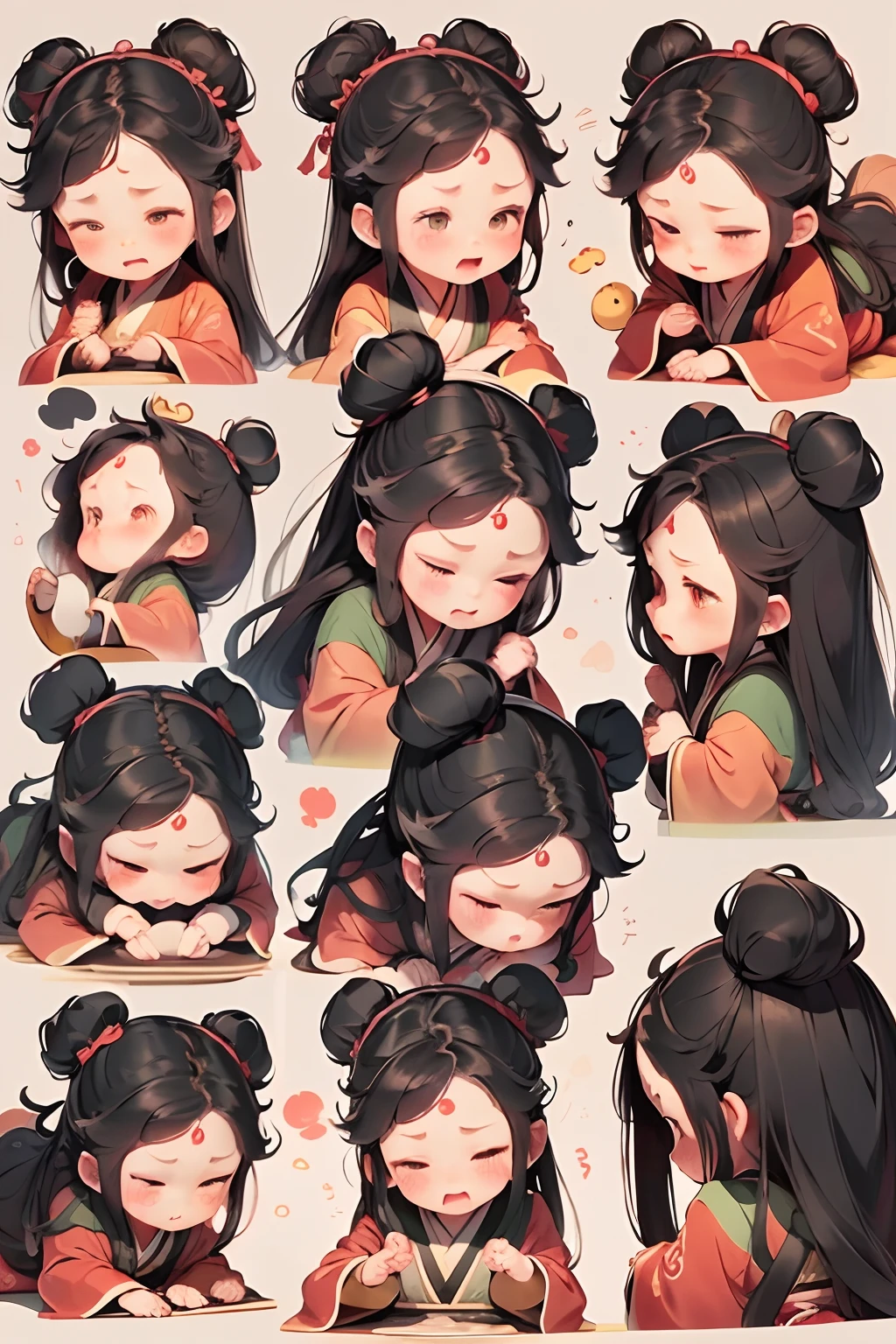 Cute *********** in Hanfu、emoj、anthropomorphic styles、Disney  style、Black strokes、differentemotions、Multiple locations and emojis、8K