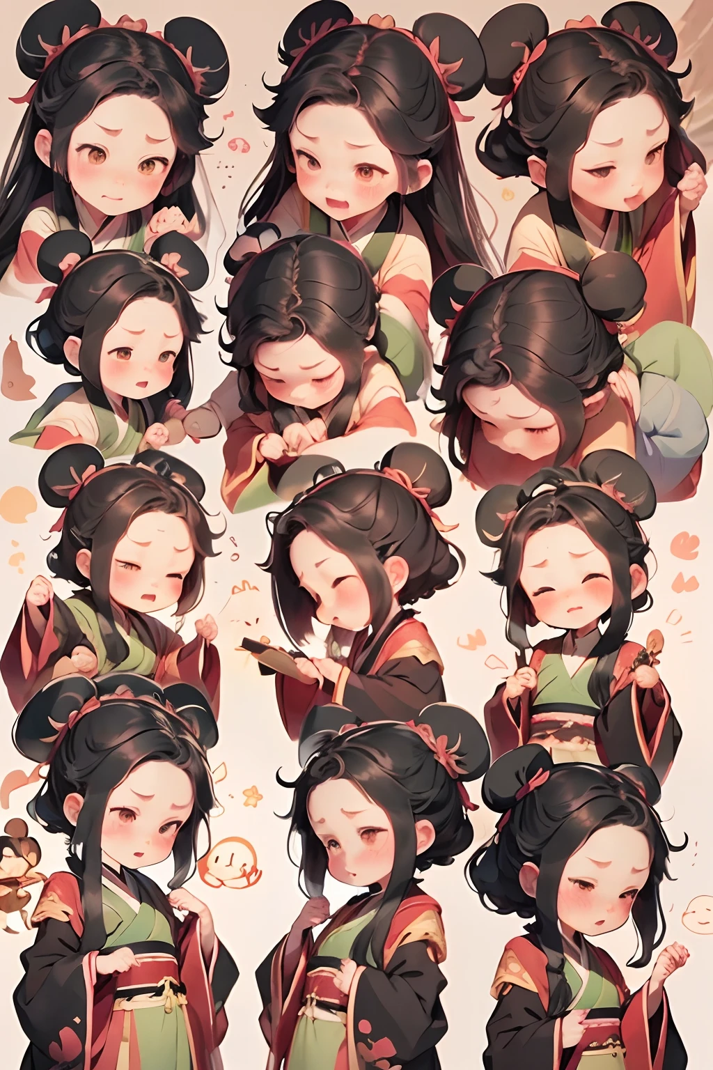 Cute *********** in Hanfu、emoj、anthropomorphic styles、Disney  style、Black strokes、differentemotions、Multiple locations and emojis、8K