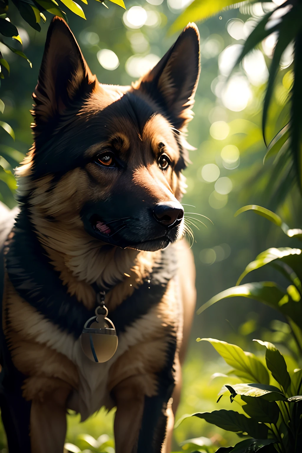 photo of german shepherd, in a tropical forest, with bokeh effect in the background