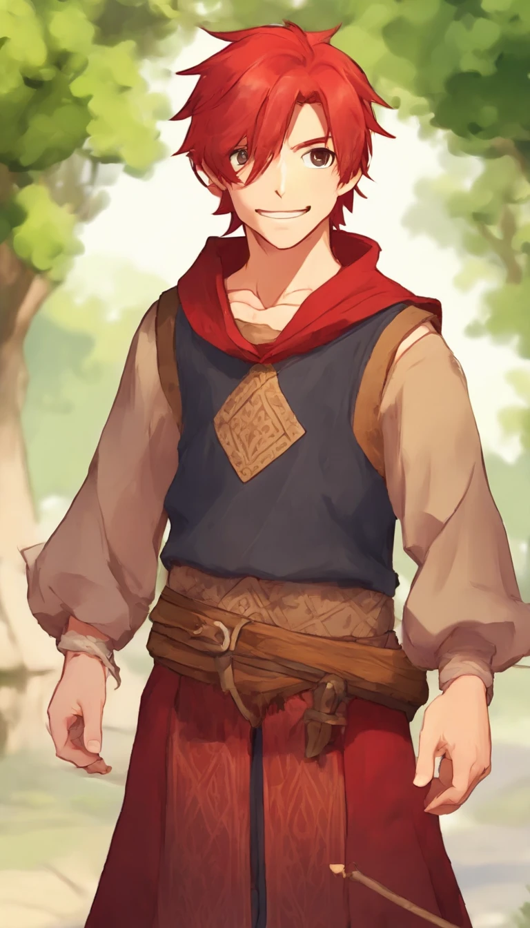 Conan Exiles style, One dirty child (male) (), Tan skin, 1kid, ((slim fit muscular body: 1.5)), ((medieval villager clothing: 1.9)), bright_red hair, short hair, Peasant boy, villager , Friendly Smile, heroic, slightly sloppy clothes, Medieval Style Clothing, Simple Clothing, Human, gentle boy, Young Face, Skill Picture, Villager Clothes, ((highly_saturated red_hair: 2)), (epitome_of_kindness: 1.5)), ((extremely_handsome: 1.8)), (short_hair: 1.7), ((amazing and unique character_design: 1.9))