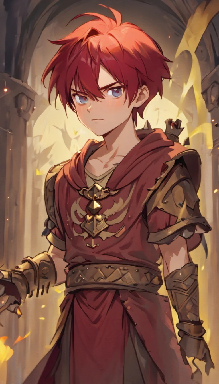 Conan Exiles style, One dirty child (male) (13 years old), Tan skin, 1kid, ((slim fit muscular body: 1.5)), ((medieval villager clothing: 1.9)), bright_red hair, short hair, Peasant boy, villager , Friendly Smile, heroic, slightly sloppy clothes, Medieval Style Clothing, Simple Clothing, Human, gentle boy, Young Face, Skill Picture, Villager Clothes, ((highly_saturated red_hair: 2)), (epitome_of_kindness: 1.5)), ((extremely_handsome: 1.8)), (short_hair: 1.7), ((amazing and unique character_design: 1.9))