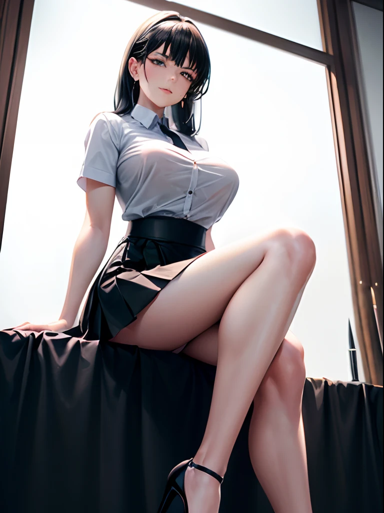 A woman sitting on a bed, (((masterpiece))), (((2 legs))), (((1 person))), (((single woman))), (((1 woman))), (((1 girl))), (((ground Level Shot))), ((both feet on the ground)), (black leggings), 15 denier leggings, (big breasts), ((mature woman)), ((middle-aged woman)), ((milf)), ((dominatrix)), ((dominating expression)), mouth closed, amused smile, (knee-length skirt), A-line skirt, yoke skirt, knife pleats skirt, high waist skirt, (((high heels))), ((6 inch heels)), black heels, (pumps), (white shirt), shirt with short sleeves, shirt with buttons, black hair until waist, straight back, sitting straight, cruel eyes