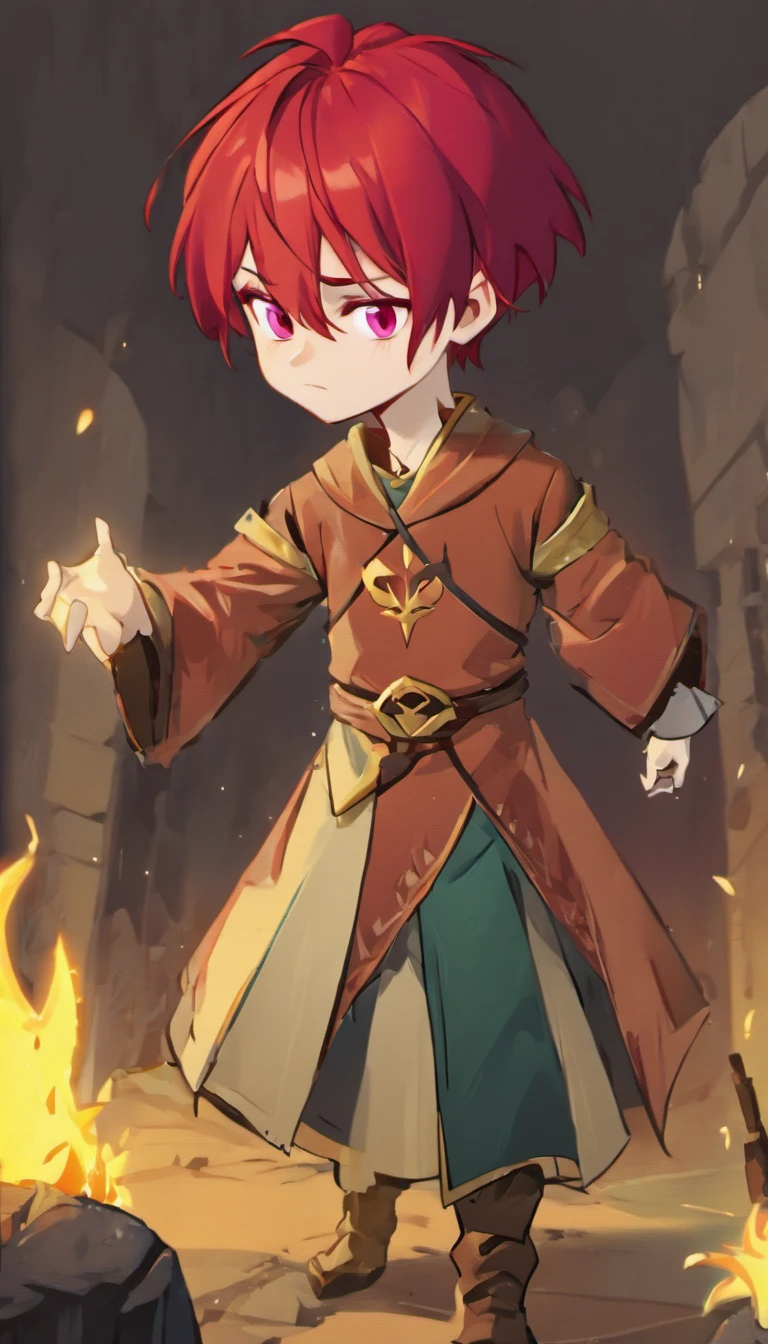 Conan Exiles style, One dirty child (male) (13 years old), Tan skin, 1kid, ((slim fit muscular body: 1.5)), ((medieval villager clothing: 1.9)), bright_red hair, short hair, Peasant boy, villager , Friendly Smile, heroic, slightly sloppy clothes, Medieval Style Clothing, Simple Clothing, Human, gentle boy, Young Face, Skill Picture, Villager Clothes, ((highly_saturated red_hair: 2)), (epitome_of_kindness: 1.5)), ((extremely_handsome: 1.8)), (short_hair: 1.7), ((amazing and unique character_design: 1.9))
