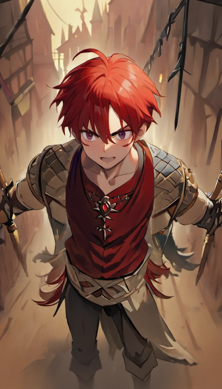 Conan Exiles style, One dirty child (male) (13 years old), Tan skin, 1kid, ((slim fit muscular body: 1.5)), ((medieval villager clothing: 1.9)), bright_red hair, short hair, Peasant boy, villager , Friendly Smile, heroic, slightly sloppy clothes, Medieval Style Clothing, Simple Clothing, Human, gentle boy, Young Face, Skill Picture, Villager Clothes, ((highly_saturated red_hair: 2)), (epitome_of_kindness: 1.5)), ((extremely_handsome: 1.8)), (short_hair: 1.7), ((amazing and unique character_design: 1.9))