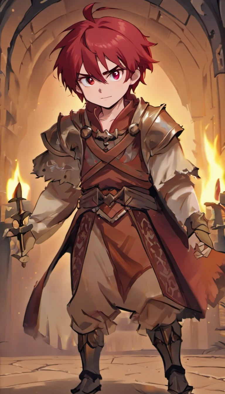 Conan Exiles style, One dirty child (male) (13 years old), Tan skin, 1kid, ((slim fit muscular body: 1.5)), ((medieval villager clothing: 1.9)), bright_red hair, short hair, Peasant boy, villager , Friendly Smile, heroic, slightly sloppy clothes, Medieval Style Clothing, Simple Clothing, Human, gentle boy, Young Face, Skill Picture, Villager Clothes, ((highly_saturated red_hair: 2)), (epitome_of_kindness: 1.5)), ((extremely_handsome: 1.8)), (short_hair: 1.7), ((amazing and unique character_design: 1.9))