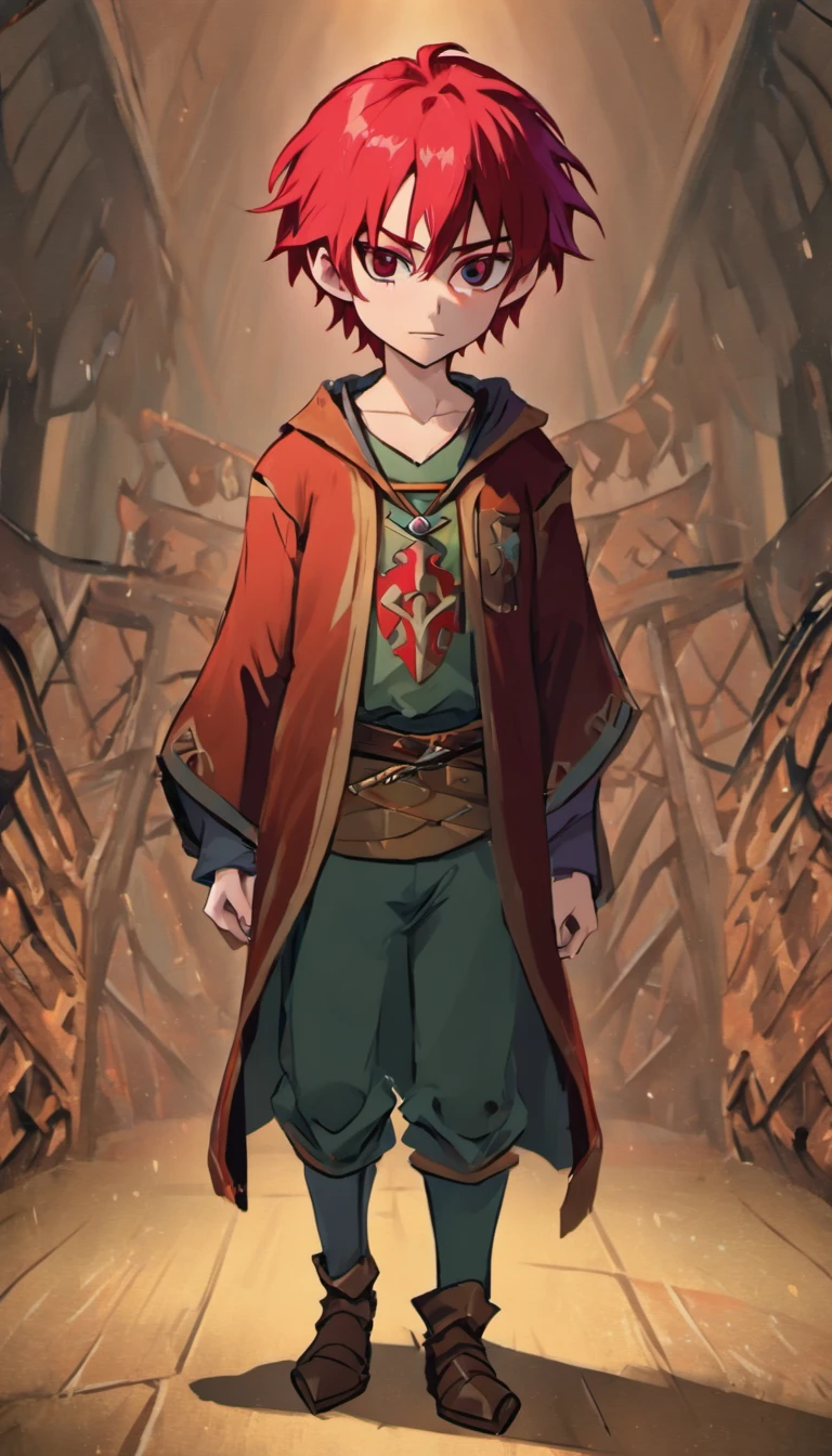 Conan Exiles style, One dirty child (male) (), Tan skin, 1kid, ((slim fit muscular body: 1.5)), ((medieval villager clothing: 1.9)), bright_red hair, short hair, Peasant boy, villager , Friendly Smile, heroic, slightly sloppy clothes, Medieval Style Clothing, Simple Clothing, Human, gentle boy, Young Face, Skill Picture, Villager Clothes, ((highly_saturated red_hair: 2)), (epitome_of_kindness: 1.5)), ((extremely_handsome: 1.8)), (short_hair: 1.7), ((amazing and unique character_design: 1.9))