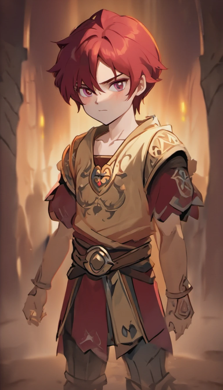 Conan Exiles style, One dirty child (male) (13 years old), Tan skin, 1kid, ((slim fit muscular body: 1.5)), ((medieval villager clothing: 1.9)), bright_red hair, short hair, Peasant boy, villager , Friendly Smile, heroic, slightly sloppy clothes, Medieval Style Clothing, Simple Clothing, Human, gentle boy, Young Face, Skill Picture, Villager Clothes, ((highly_saturated red_hair: 2)), (epitome_of_kindness: 1.5)), ((extremely_handsome: 1.8)), (short_hair: 1.7), ((amazing and unique character_design: 1.9))